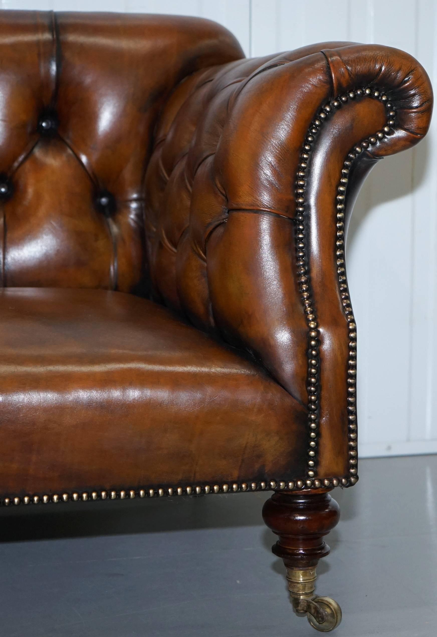 Rare Victorian Howard and Sons Fully Restored Brown Leather Chesterfield Sofa 1