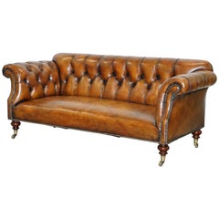 Rare Victorian Howard and Sons Fully Restored Brown Leather Chesterfield Sofa