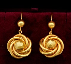Rare Victorian Large Love Knot 19 Karat Solid Gold Drop Earrings