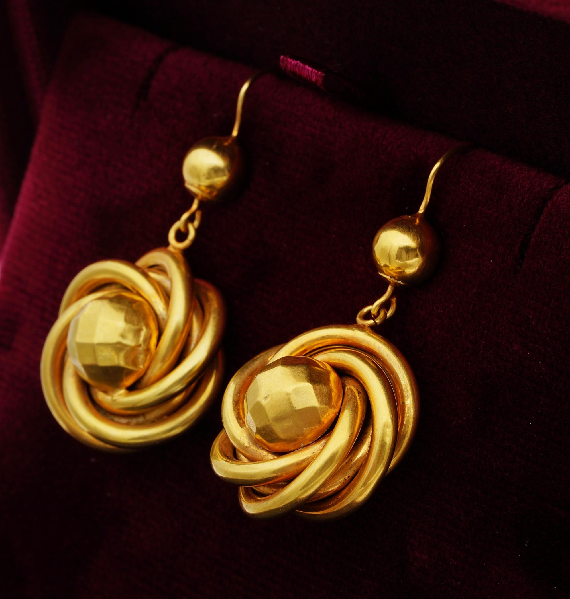Early Victorian Rare Victorian Large Love Knot 19 Karat Solid Gold Drop Earrings For Sale