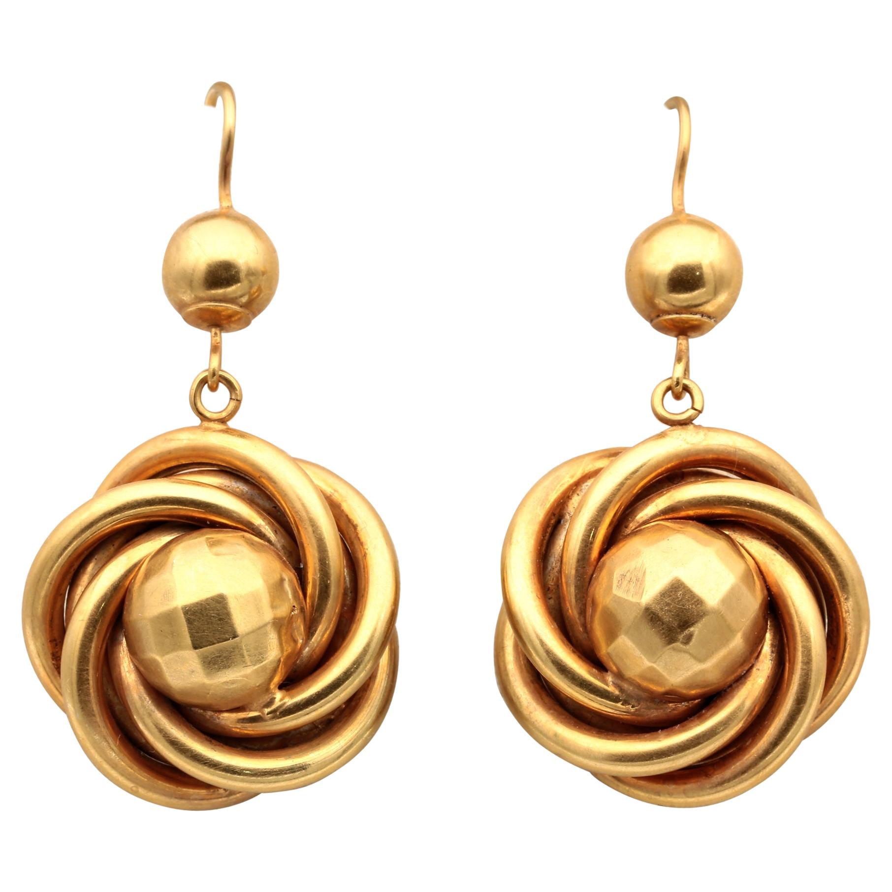 Rare Victorian Large Love Knot 19 Karat Solid Gold Drop Earrings For Sale