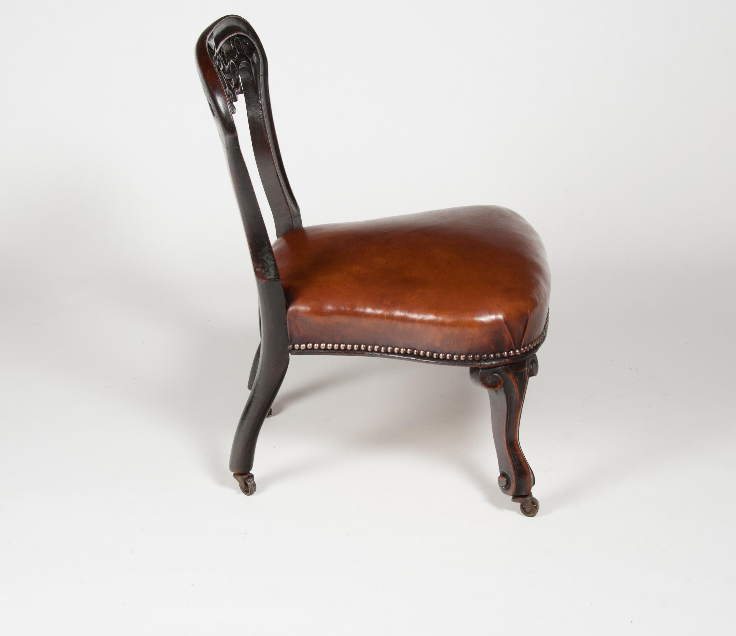 British Rare Victorian Mahogany Leather Upholstered Childs Chair For Sale