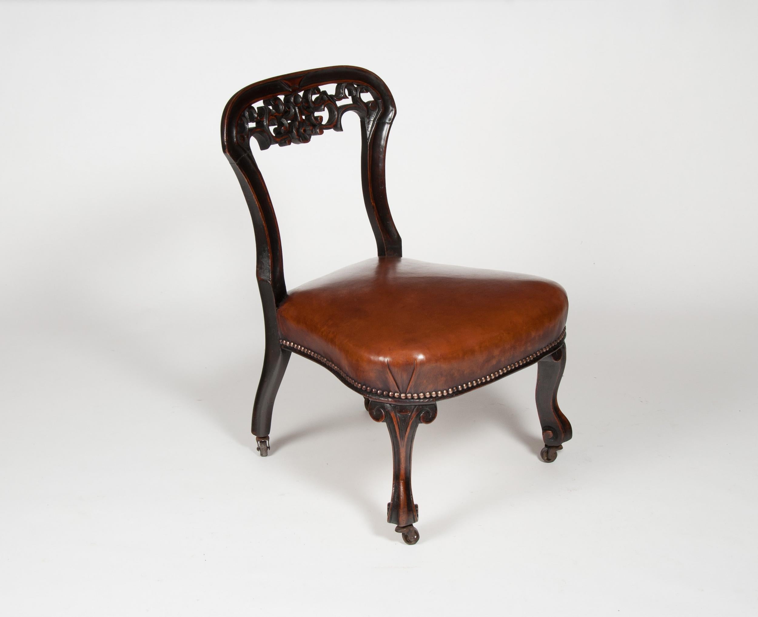 19th Century Rare Victorian Mahogany Leather Upholstered Childs Chair For Sale