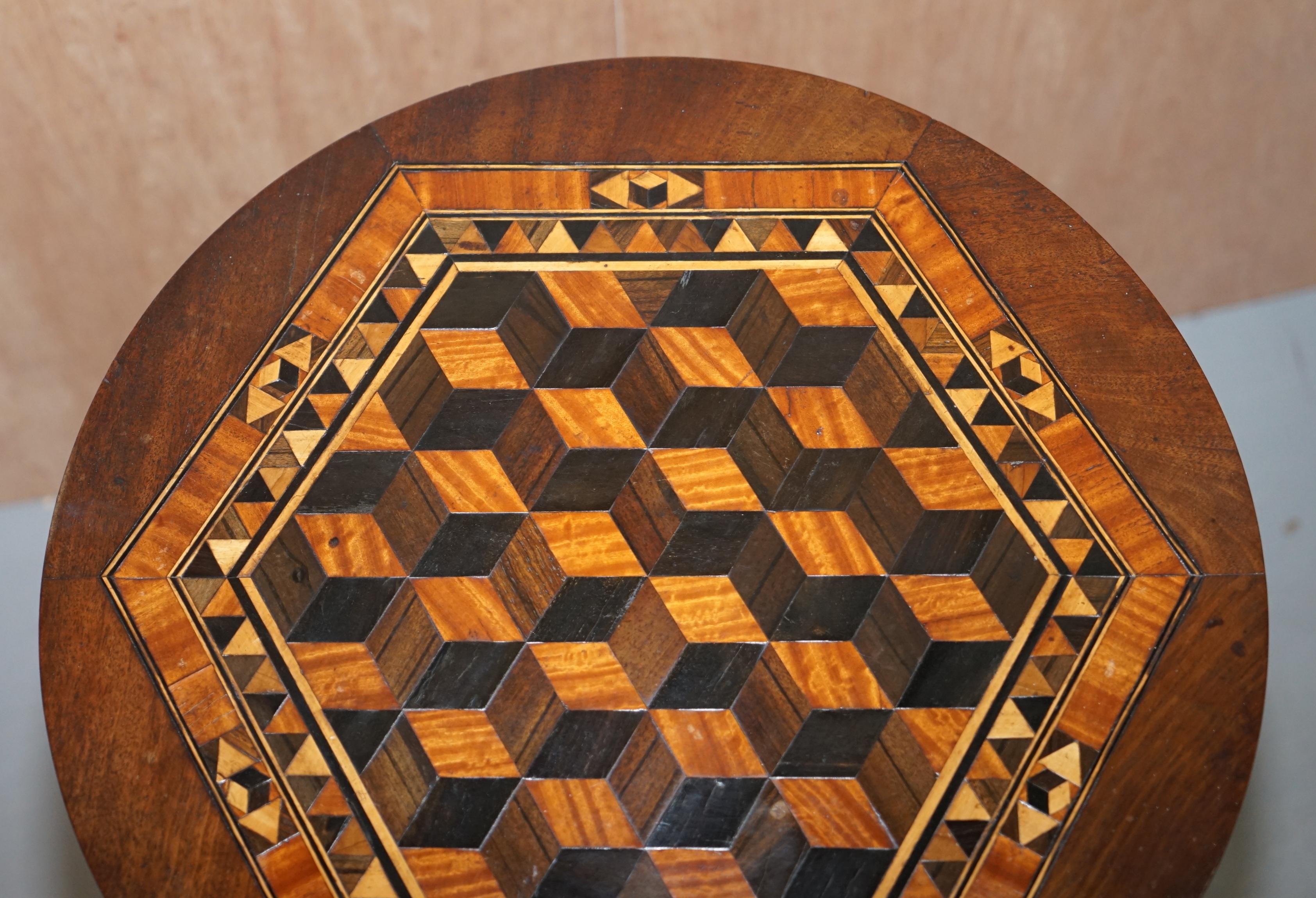 English Rare Victorian Hardwood Occasional Table, Geometric Parquetry Inlaid Wood Top For Sale