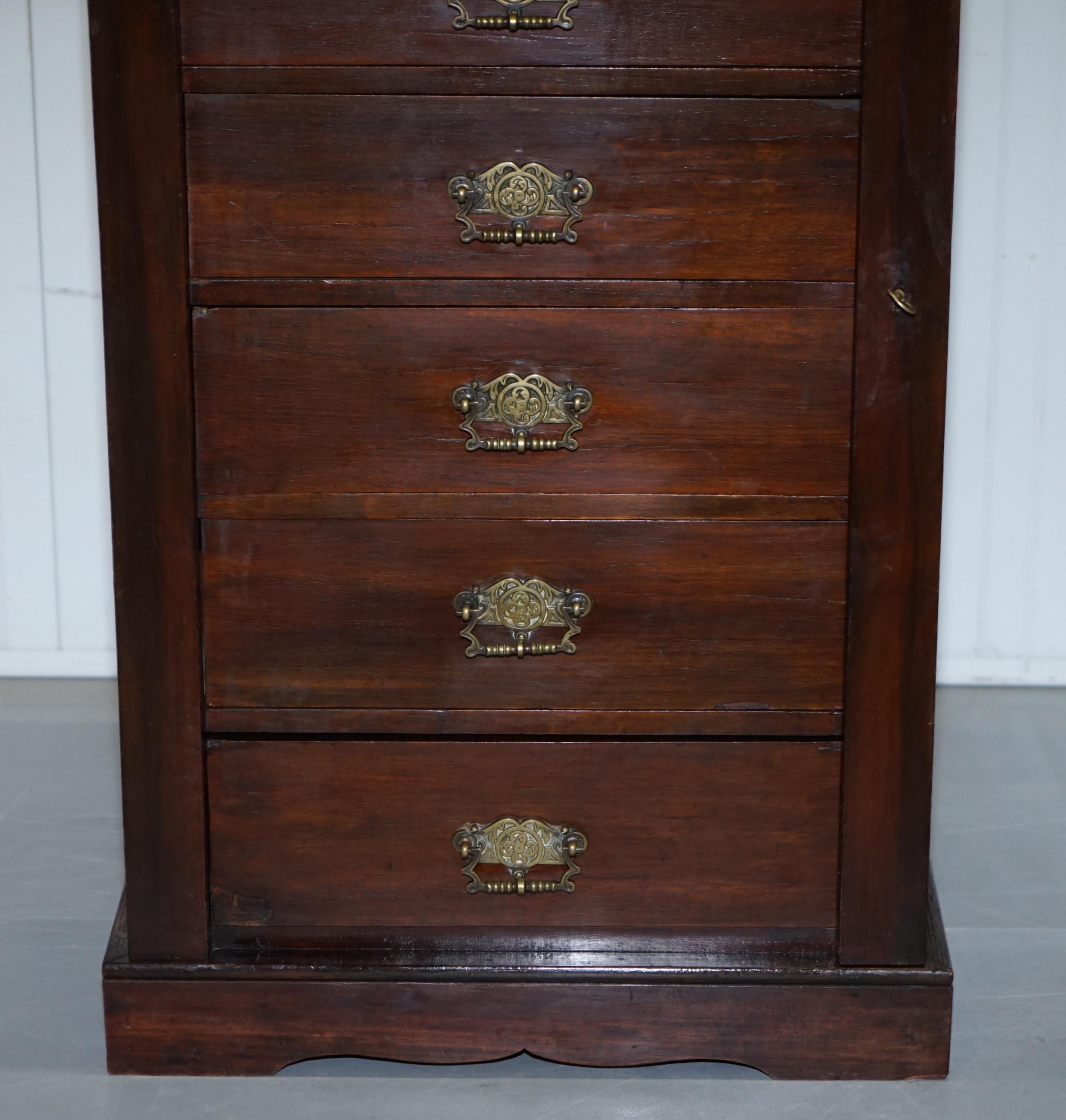 Hand-Carved Rare Victorian Mahogany Wellington Tallboy Chest of Drawers with Original Key