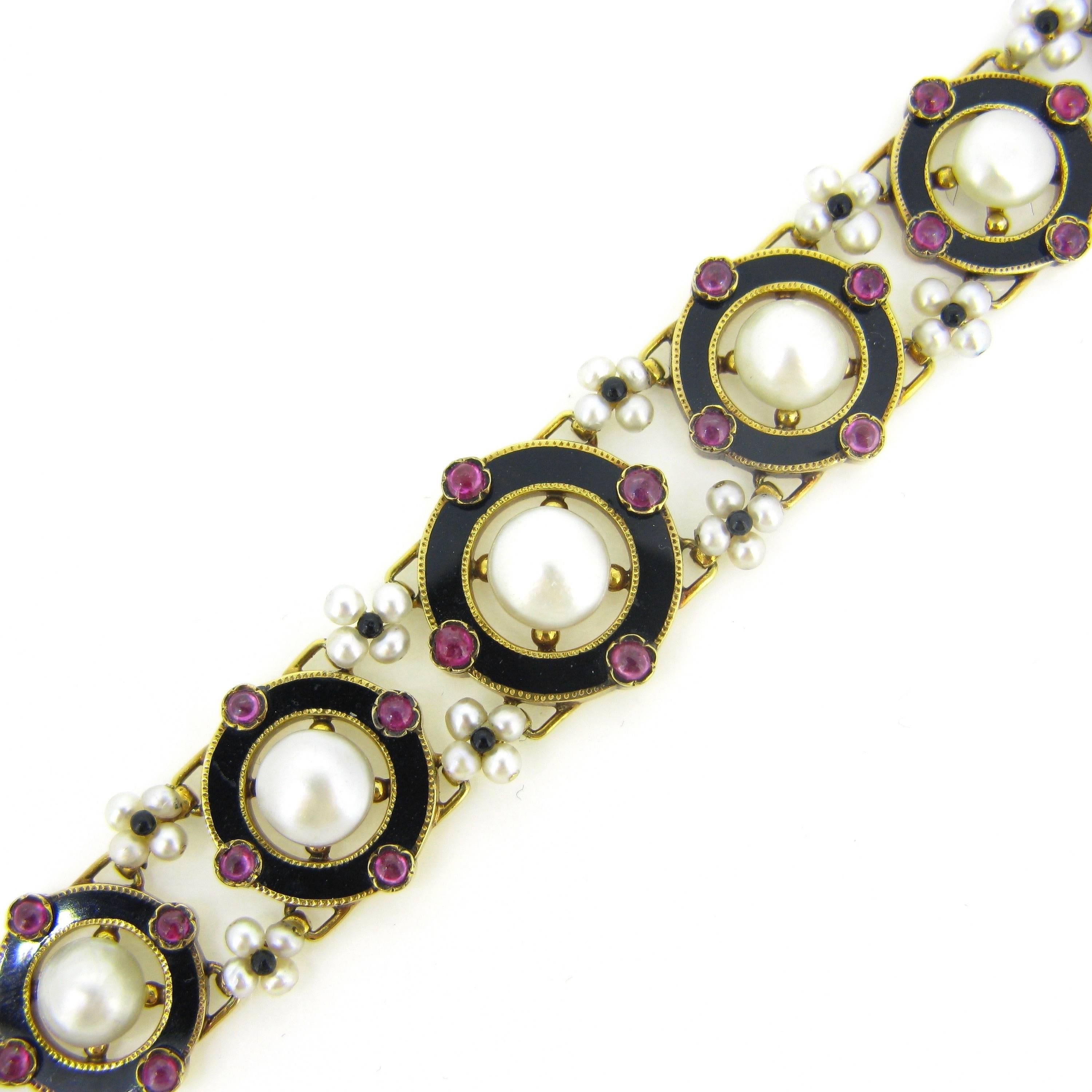 Women's or Men's Rare Victorian Napoleon III Natural Pearls Rubies and Enamel Links Bracelet