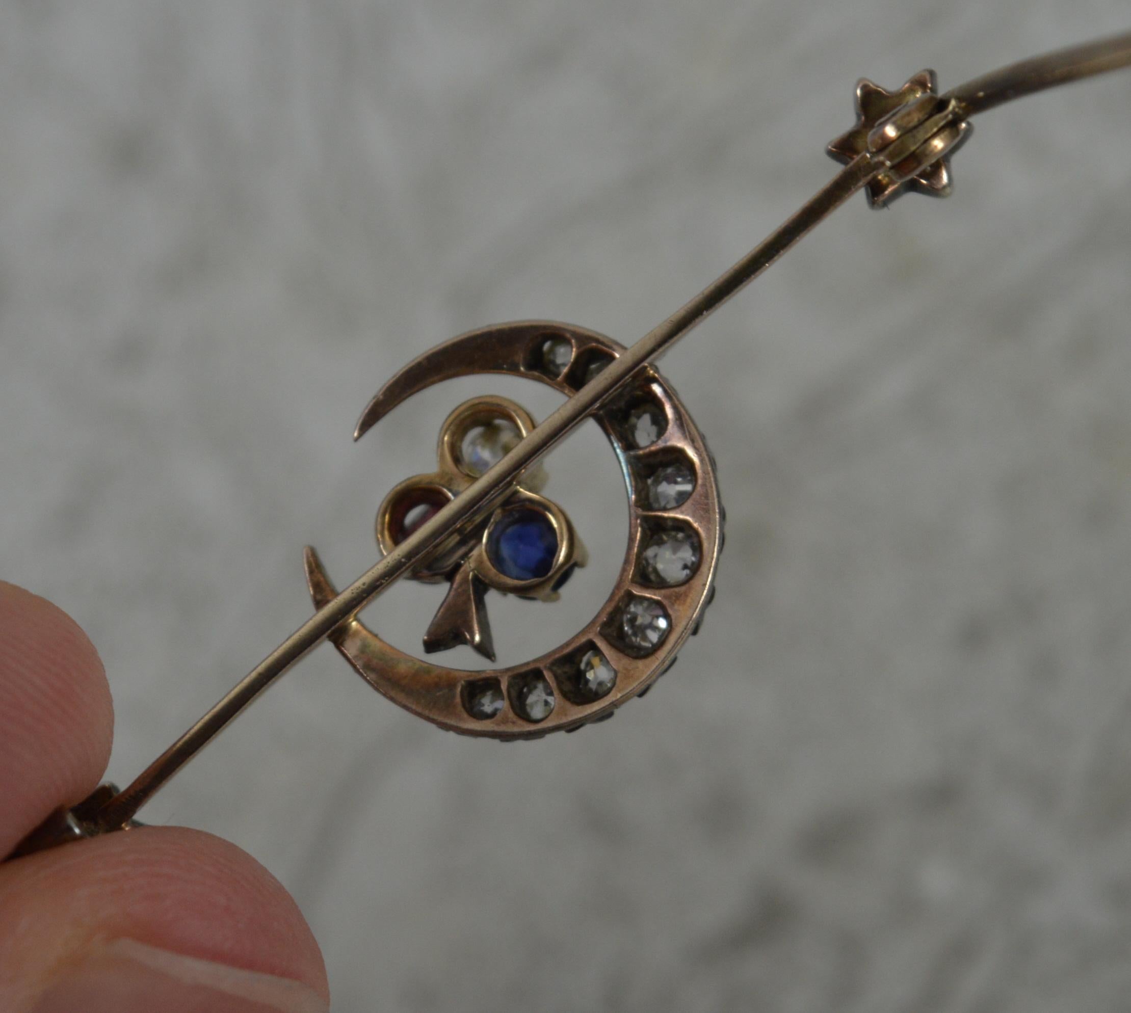 Rare Victorian Old Cut Diamond Ruby and Sapphire 15ct Gold Crescent Brooch In Good Condition For Sale In St Helens, GB