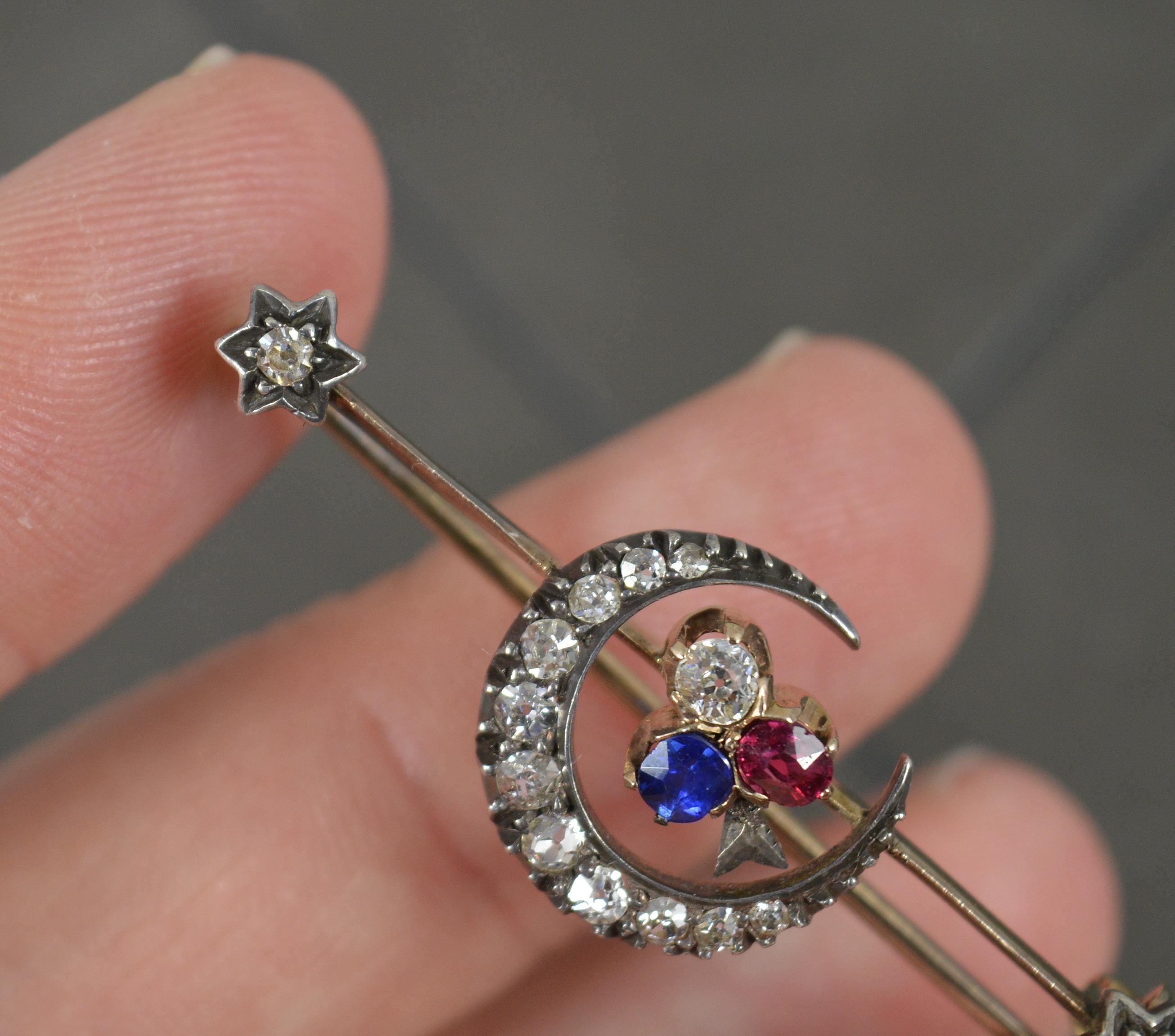 Women's Rare Victorian Old Cut Diamond Ruby and Sapphire 15ct Gold Crescent Brooch For Sale