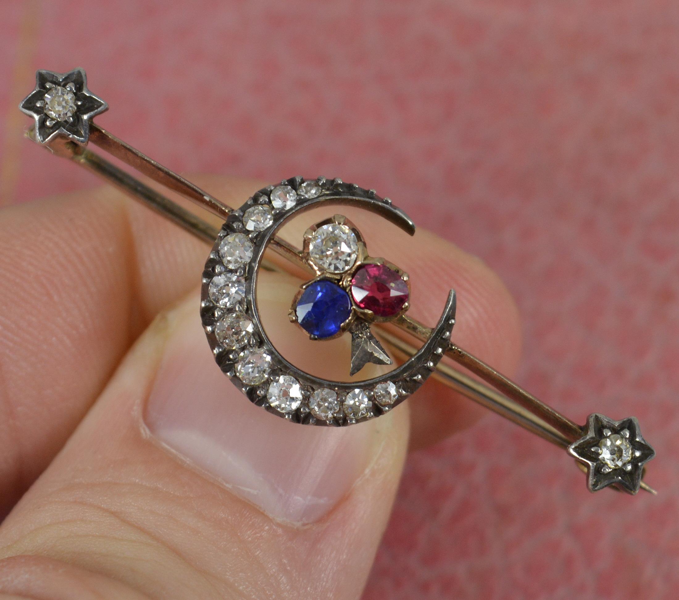 Rare Victorian Old Cut Diamond Ruby and Sapphire 15ct Gold Crescent Brooch For Sale 1