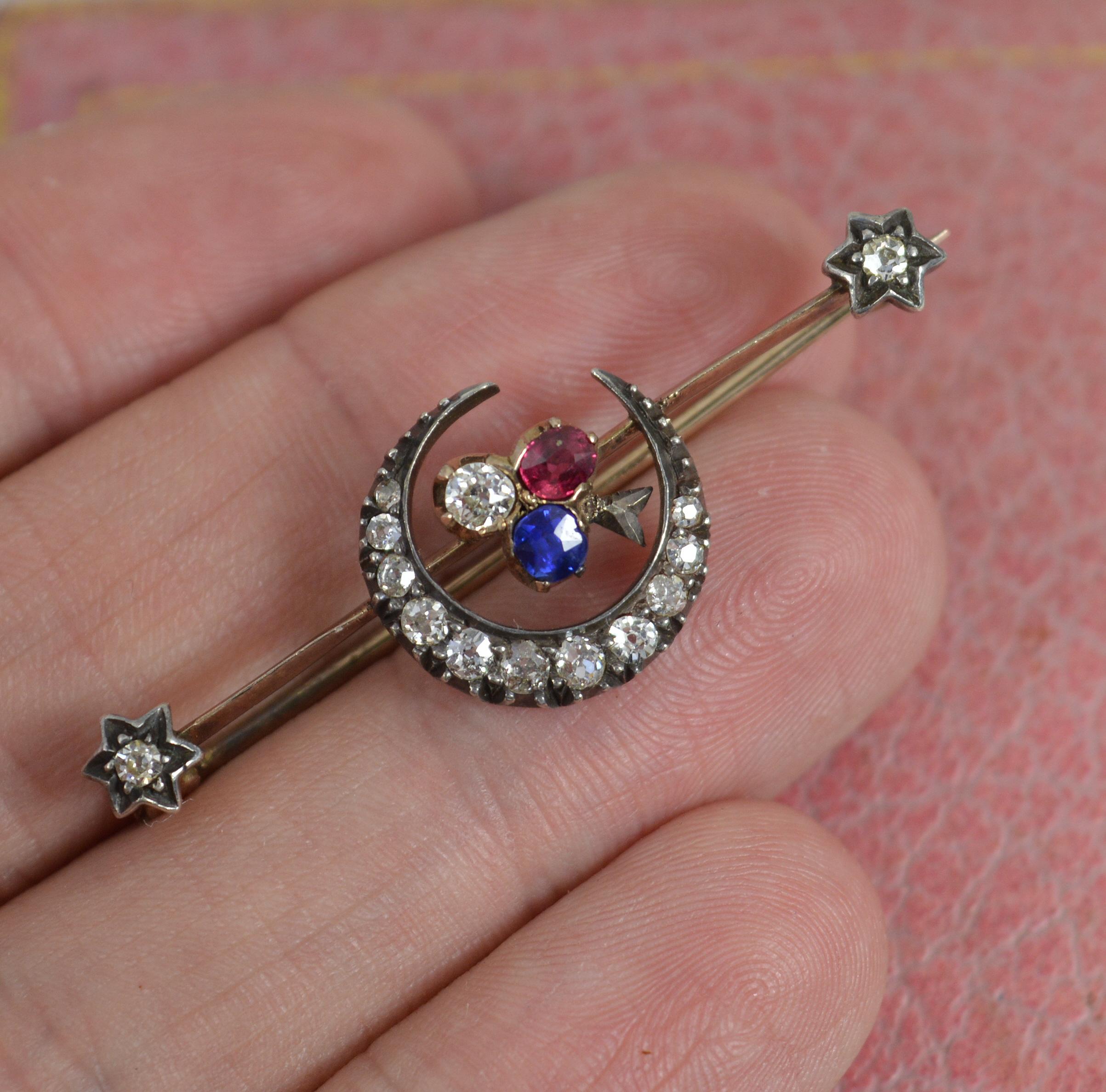 Rare Victorian Old Cut Diamond Ruby and Sapphire 15ct Gold Crescent Brooch For Sale 2