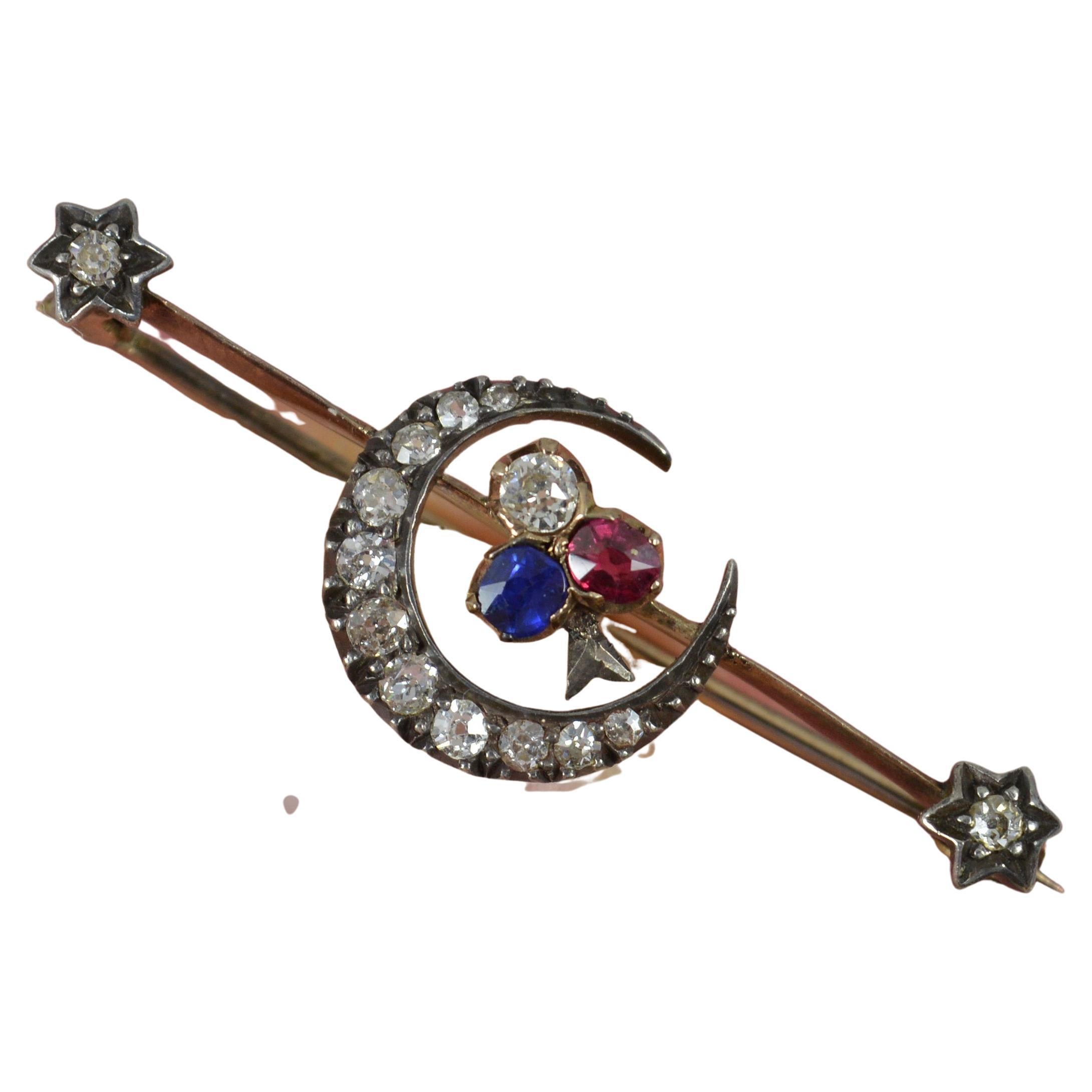 Rare Victorian Old Cut Diamond Ruby and Sapphire 15ct Gold Crescent Brooch For Sale