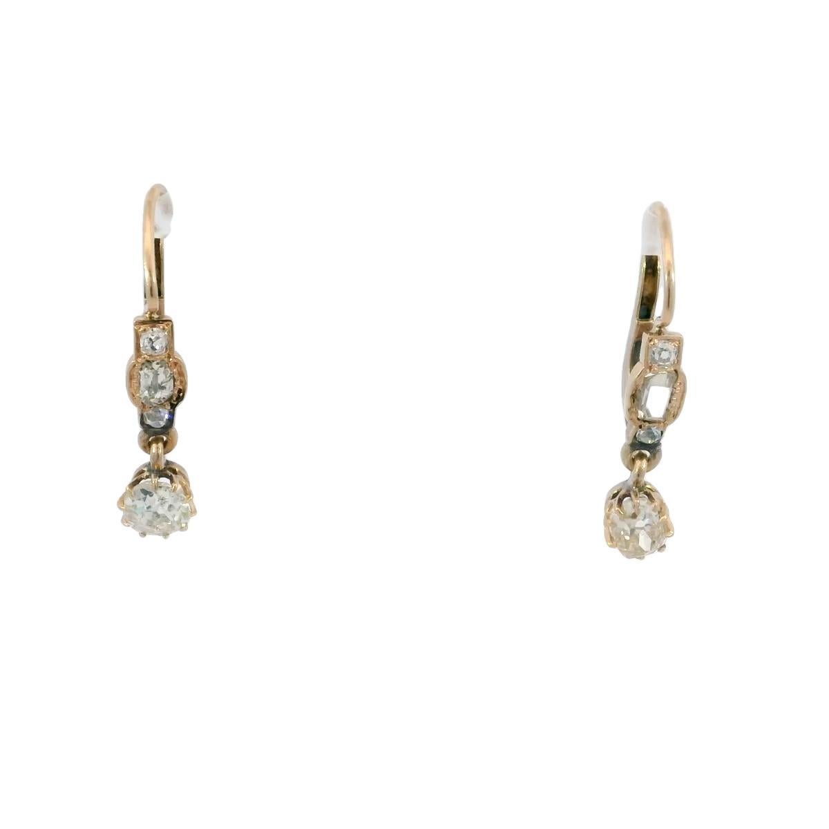 Seltene viktorianische alte Minen-Diamant-Tropfen-Ohrringe mit Hebelverschluss aus 18K Roségold im Angebot 4