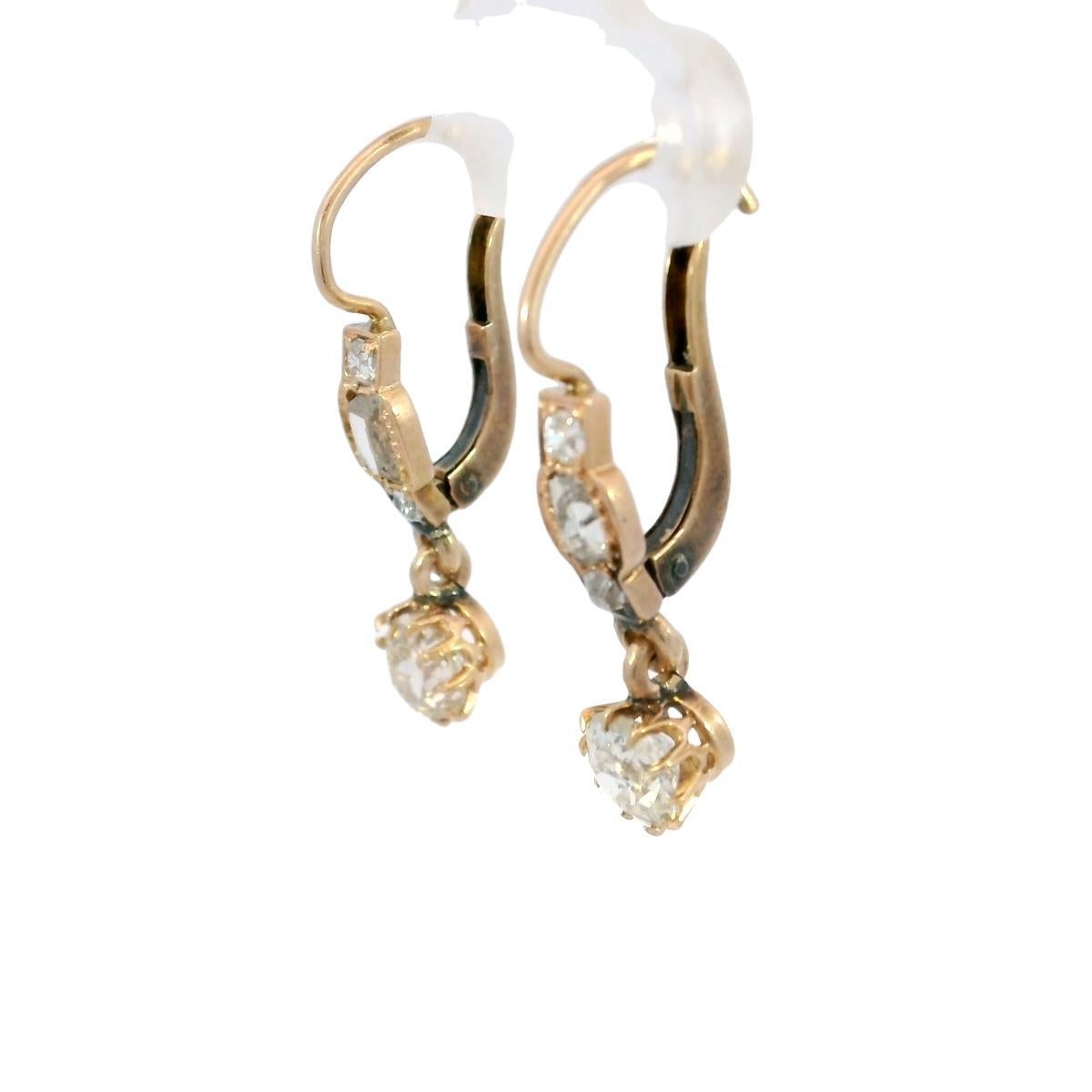 Seltene viktorianische alte Minen-Diamant-Tropfen-Ohrringe mit Hebelverschluss aus 18K Roségold im Zustand „Gut“ im Angebot in Fairfield, CT