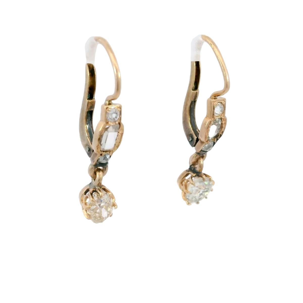 Seltene viktorianische alte Minen-Diamant-Tropfen-Ohrringe mit Hebelverschluss aus 18K Roségold Damen im Angebot