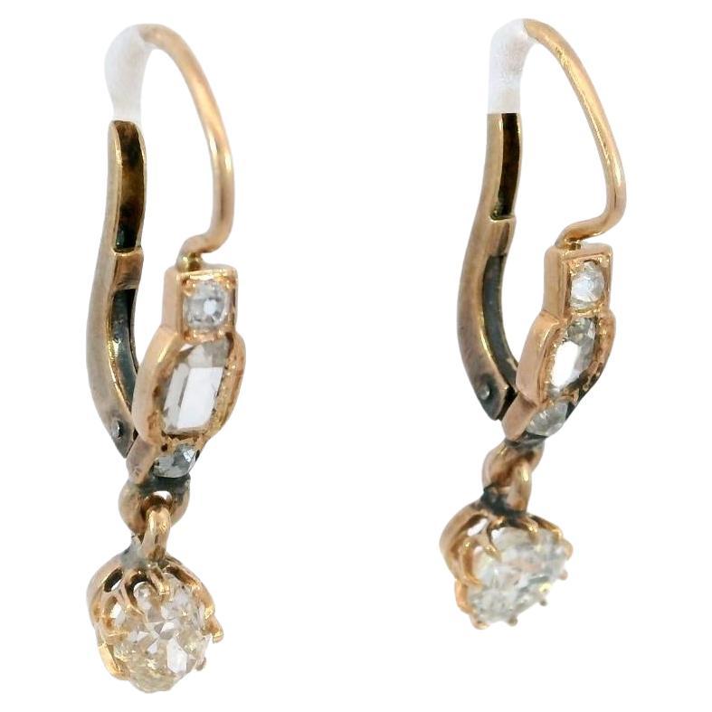 Rare Victorian Old Mine Diamond Drop Dangle Lever Back Earrings 18K Rose Gold