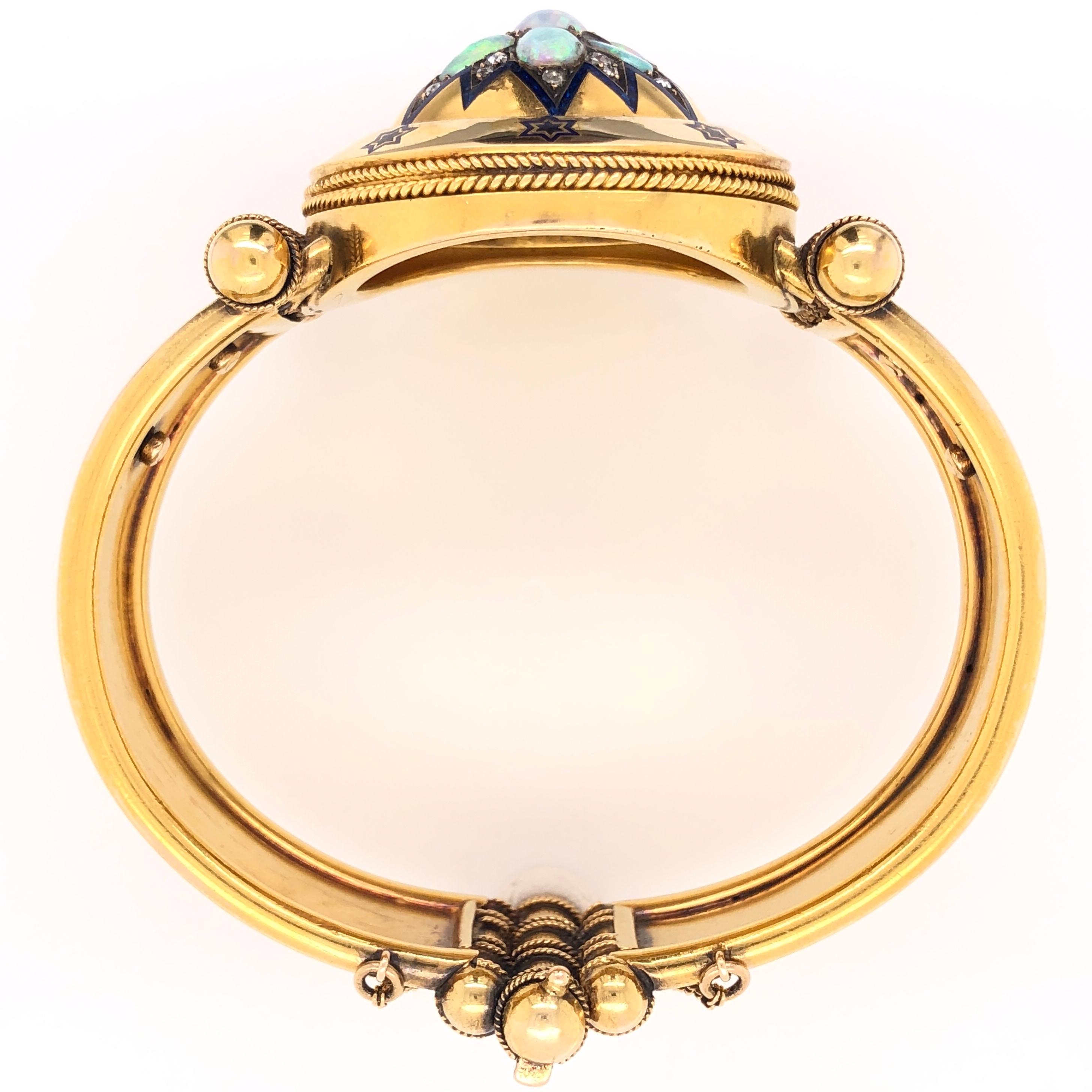 Mixed Cut Rare Victorian Opal Diamond Enamel Gold Cuff Bangle Bracelet Estate Fine Jewelry For Sale