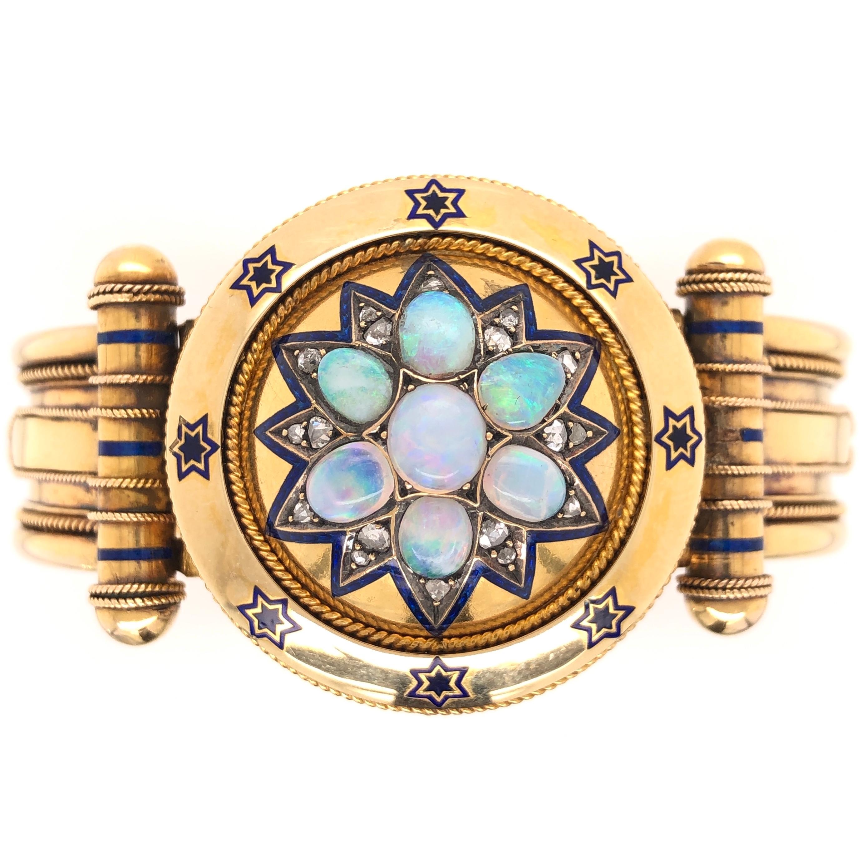 Rare Victorian Opal Diamond Enamel Gold Cuff Bangle Bracelet Estate Fine Jewelry For Sale 1