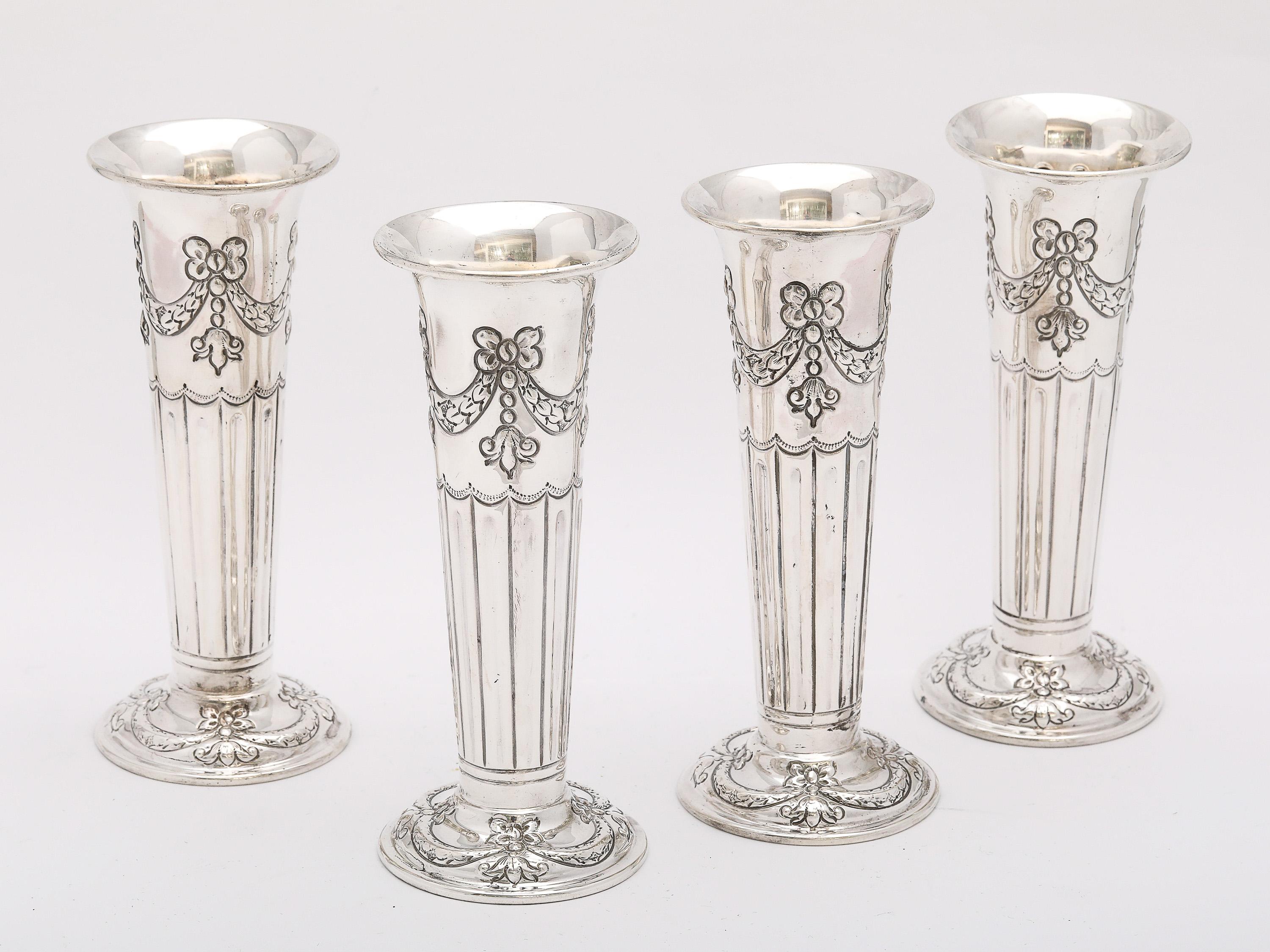English Rare Victorian Period Set of Four Matching Sterling Silver Bud Vases By Atkin For Sale