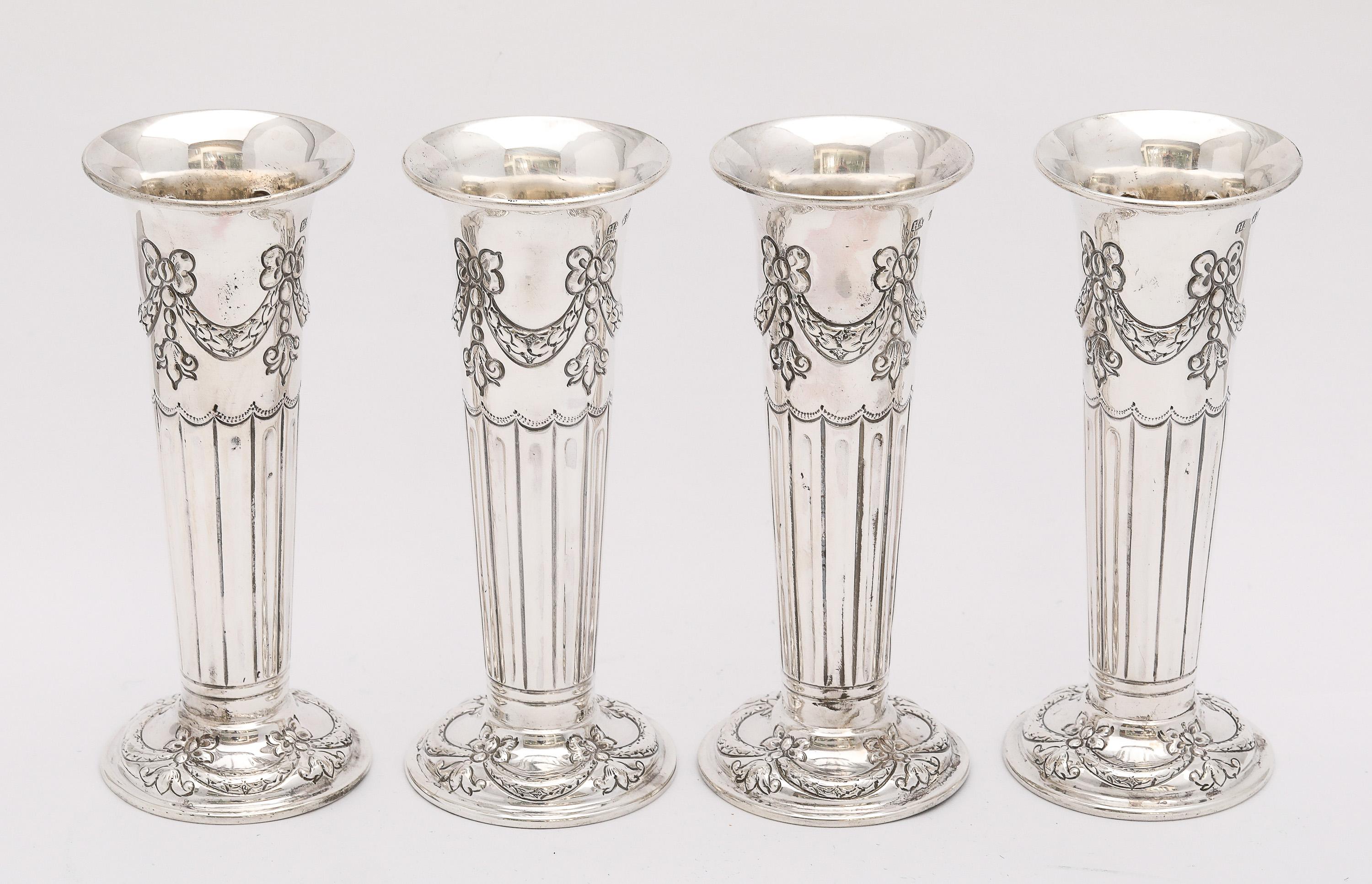 Late 19th Century Rare Victorian Period Set of Four Matching Sterling Silver Bud Vases By Atkin For Sale