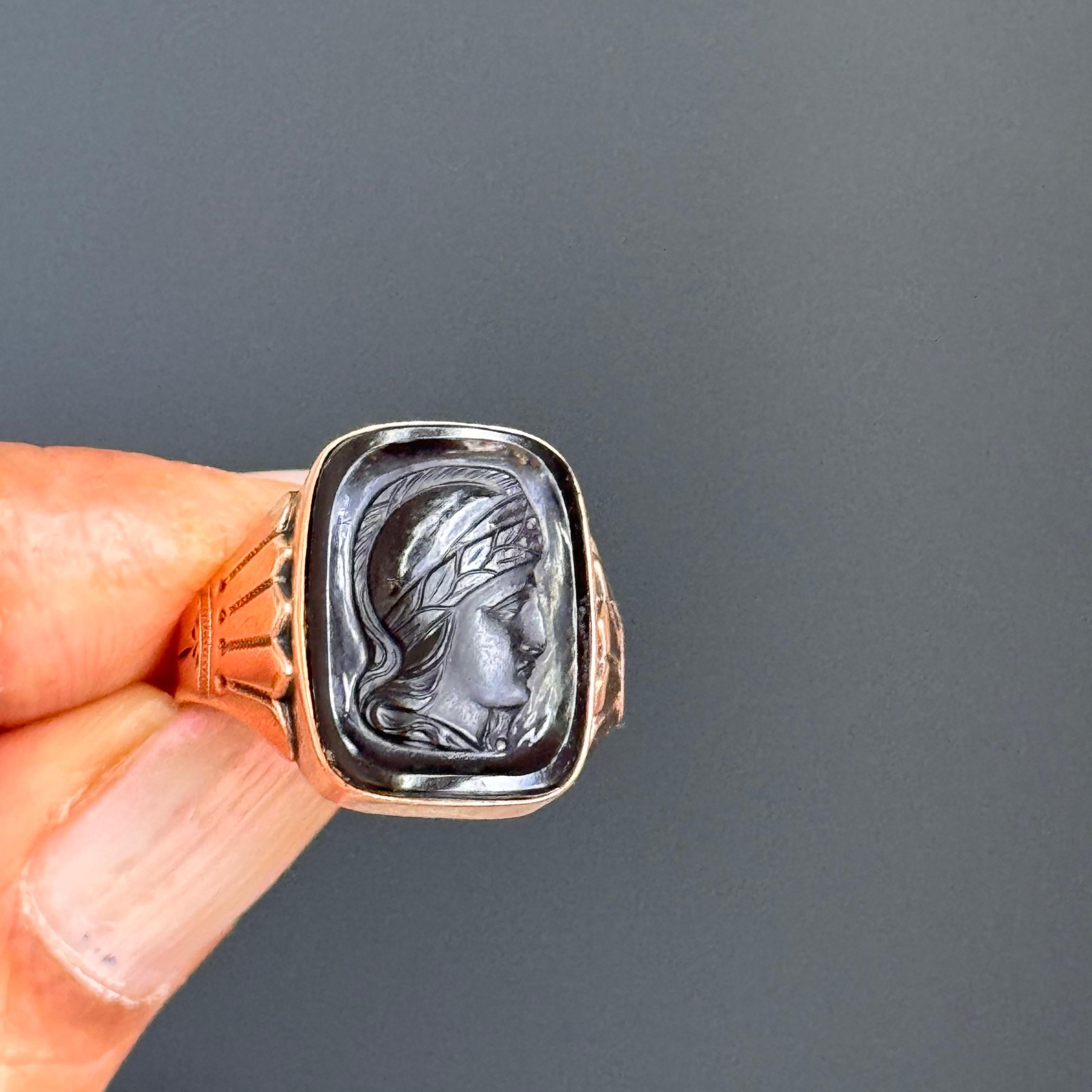 Women's or Men's Rare Victorian Rose Gold Onyx Cameo Signet Ring  Size 8 For Sale