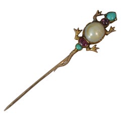 Antique Rare Victorian Salamander Pearl Turquoise and Garnet Stick Tie Pin