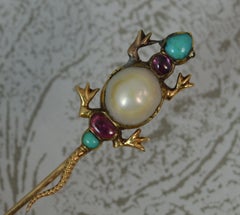 Rare Victorian Salamander Pearl Turquoise and Garnet Stick Tie Pin