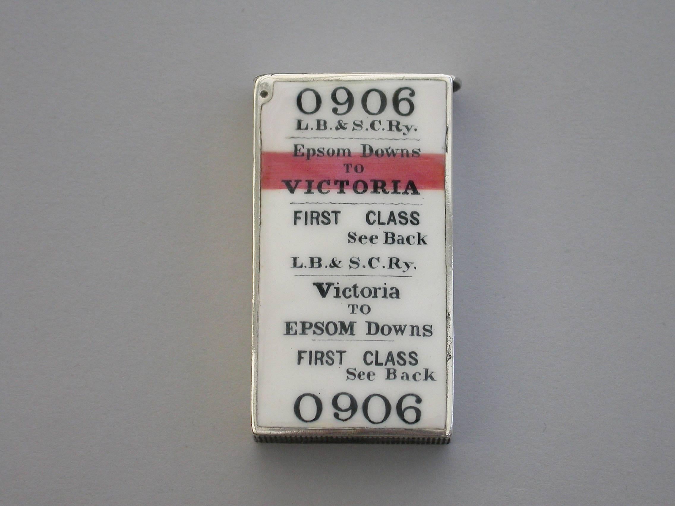 English Rare Victorian Silver and Enamel Railway Ticket Vesta Case, 1886
