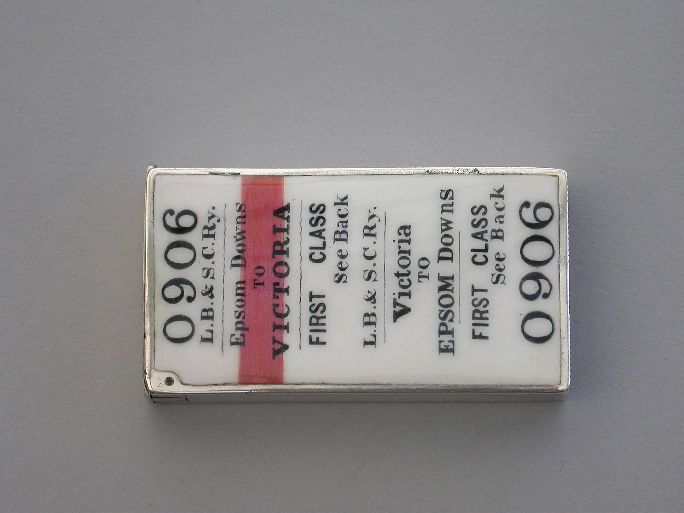 Rare Victorian Silver and Enamel Railway Ticket Vesta Case, 1886 In Good Condition In Sittingbourne, Kent