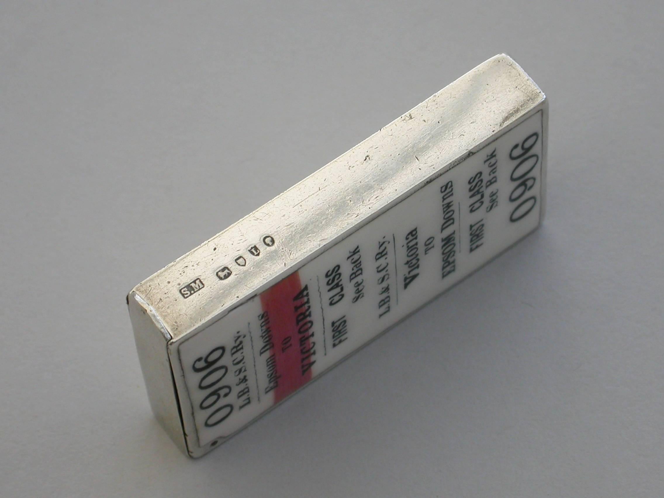 Late 19th Century Rare Victorian Silver and Enamel Railway Ticket Vesta Case, 1886