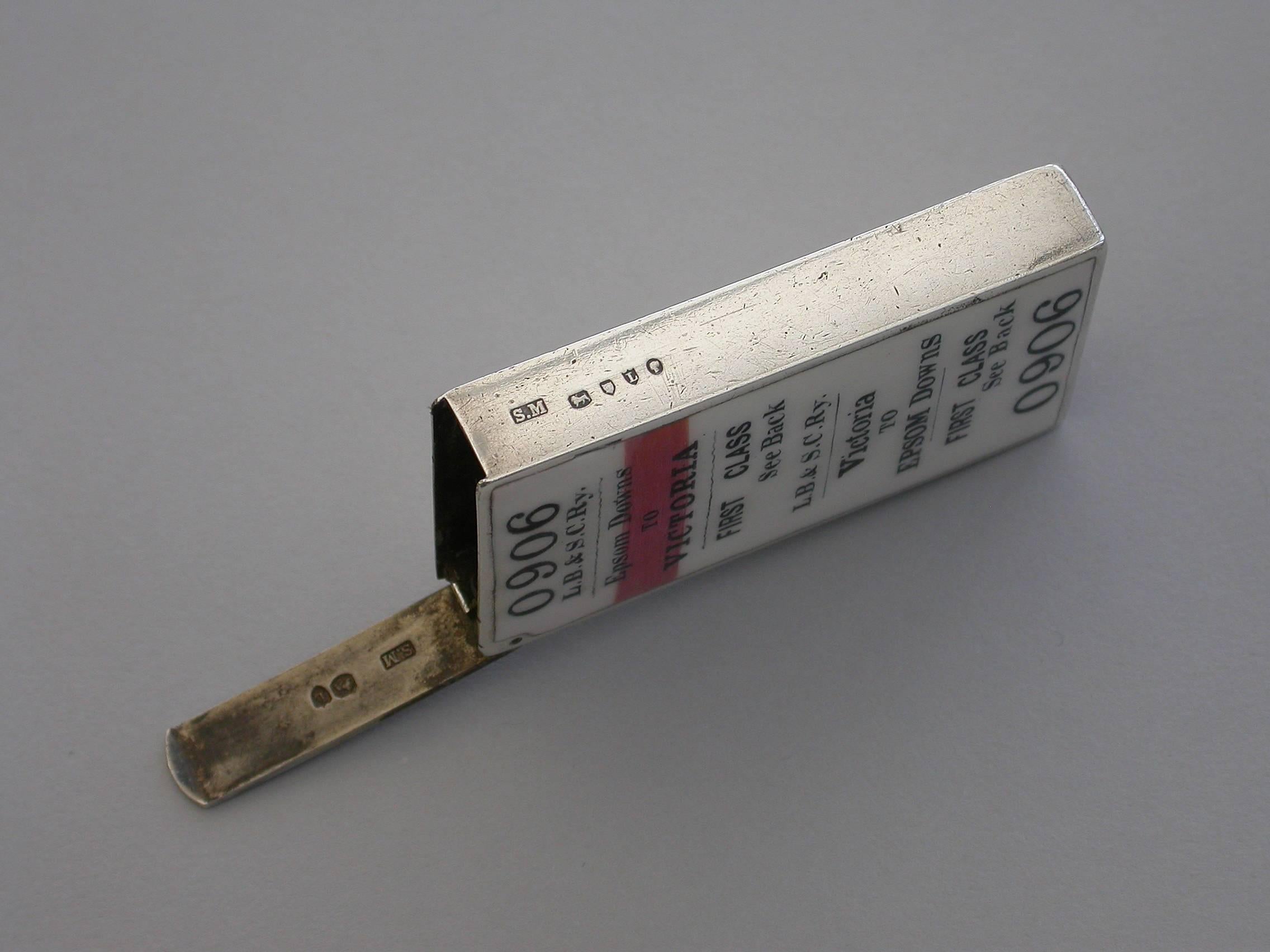 Rare Victorian Silver and Enamel Railway Ticket Vesta Case, 1886 2