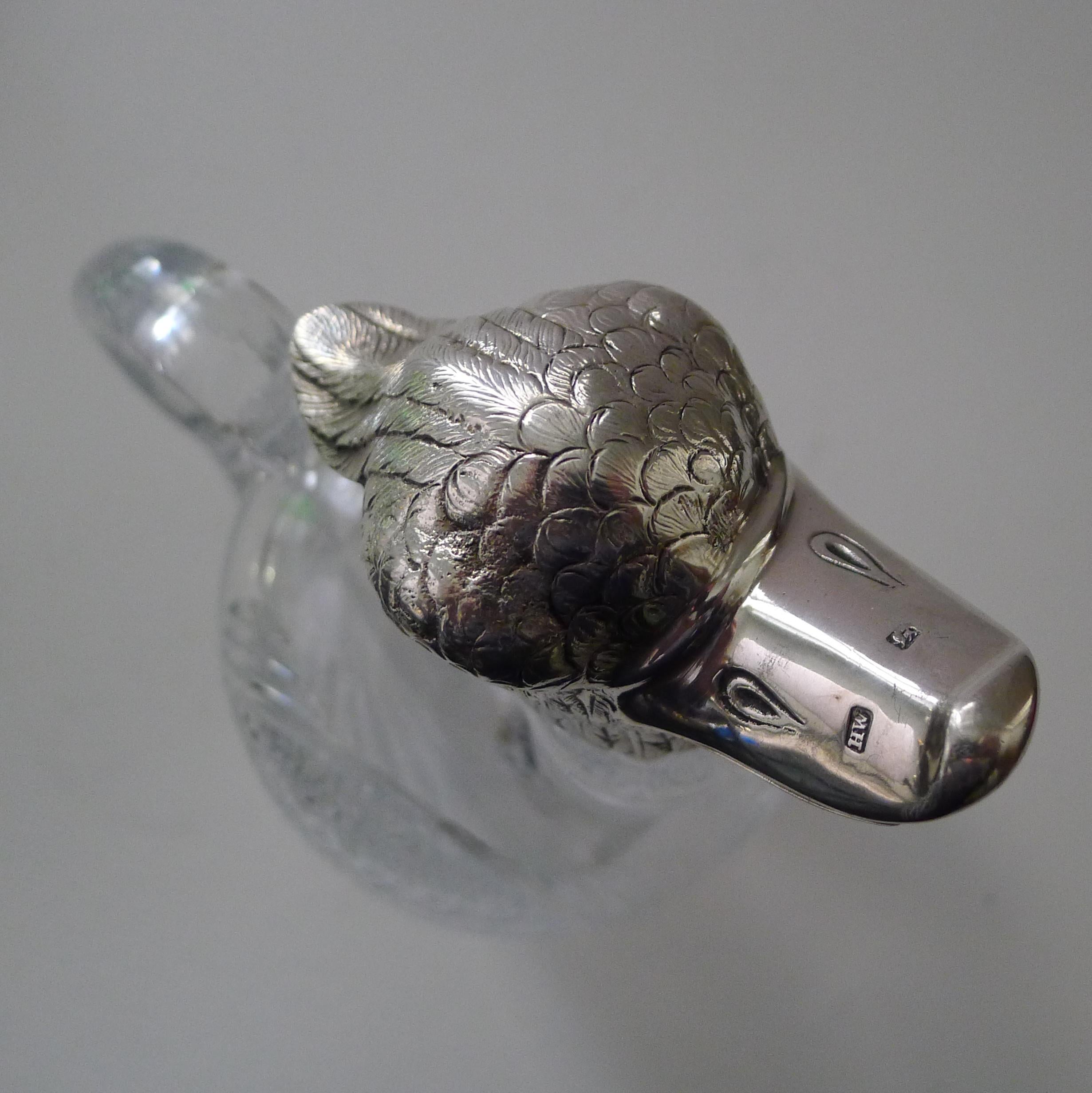 Sterling Silver Rare Victorian Silver and Cut Glass Novelty Duck Decanter / Jug, 1894