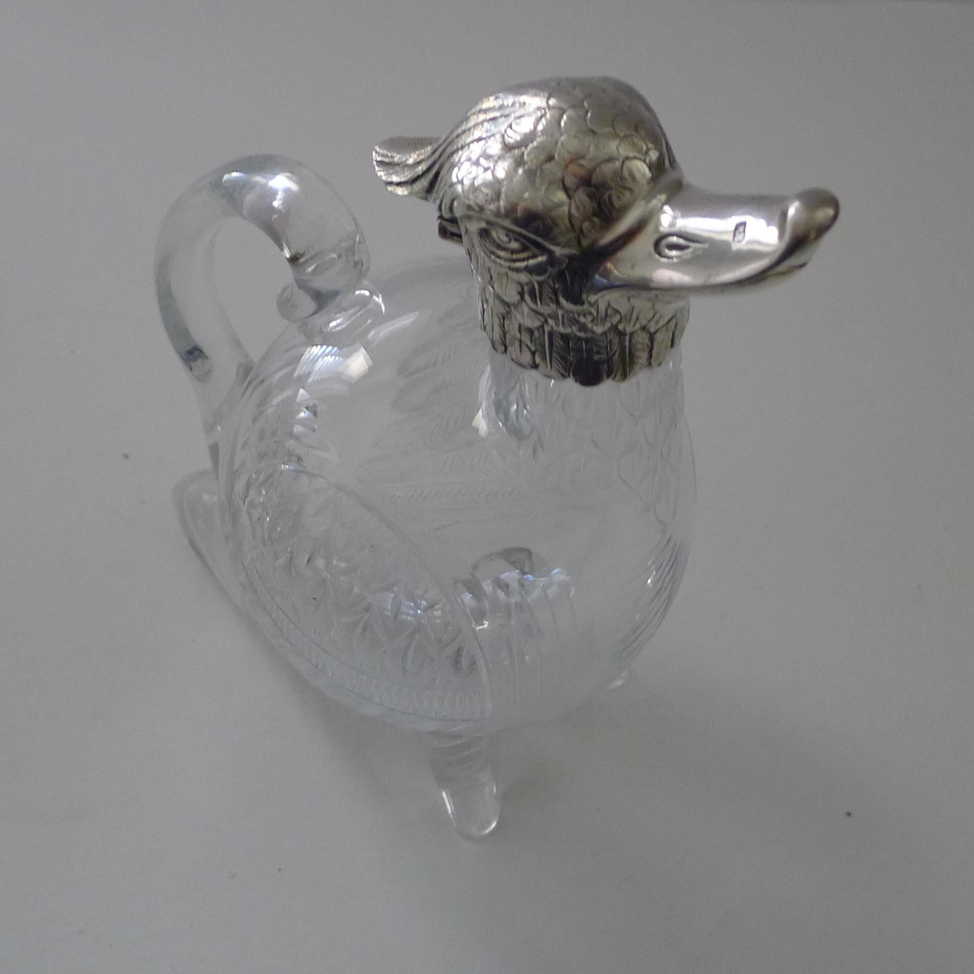 Rare Victorian Silver and Cut Glass Novelty Duck Decanter / Jug, 1894 In Good Condition In Bath, GB