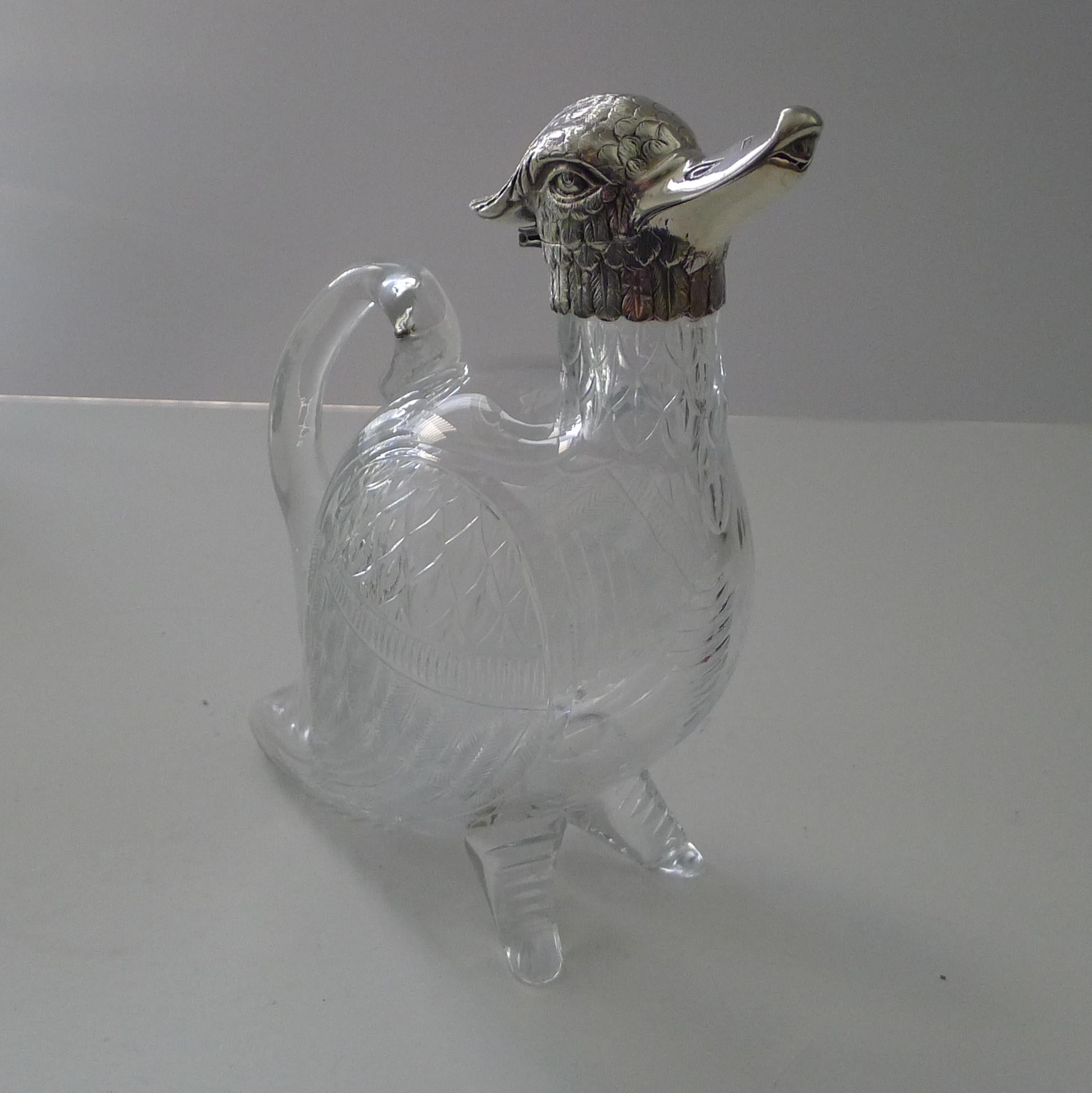 Late 19th Century Rare Victorian Silver and Cut Glass Novelty Duck Decanter / Jug, 1894