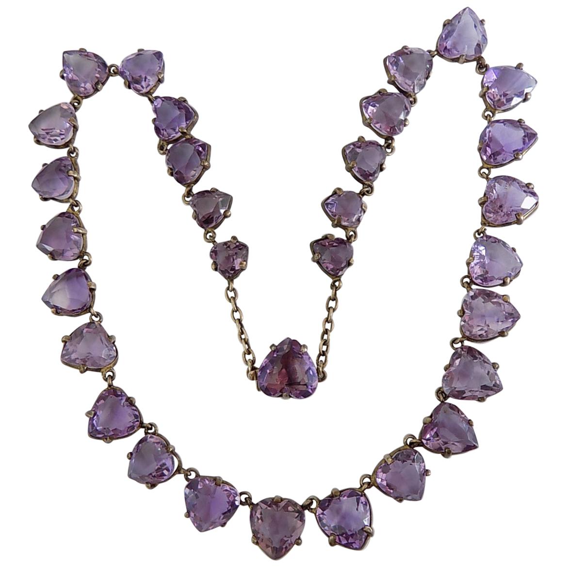 Rare Victorian Silver Gilt and Heart Shaped Amethyst Riviere Necklace