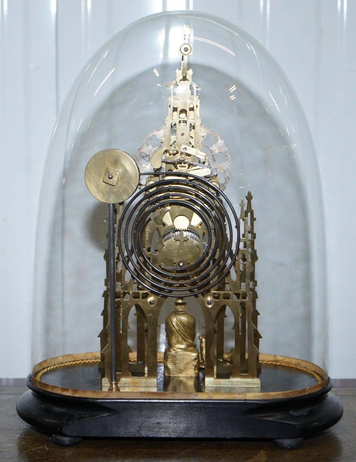 British Rare Victorian Single Fusee Mantle Clock Sir Walter Scott & His Dog Maida Statue