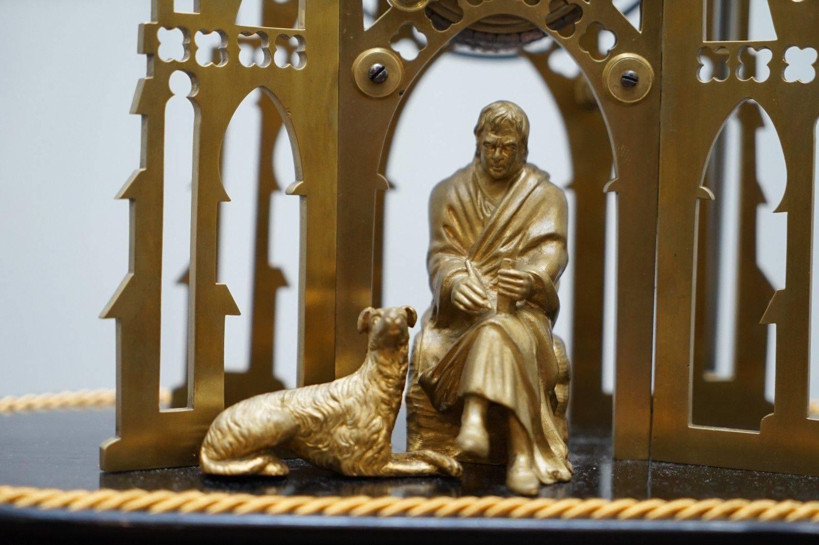 Brass Rare Victorian Single Fusee Mantle Clock Sir Walter Scott & His Dog Maida Statue