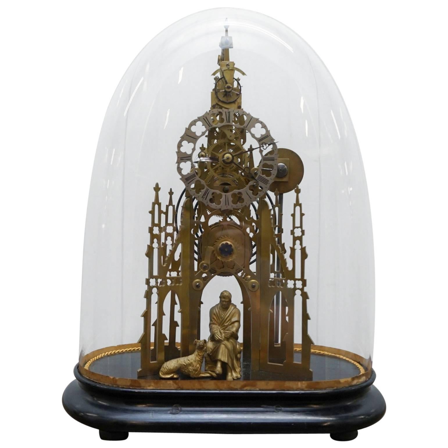 Rare Victorian Single Fusee Mantle Clock Sir Walter Scott & His Dog Maida Statue