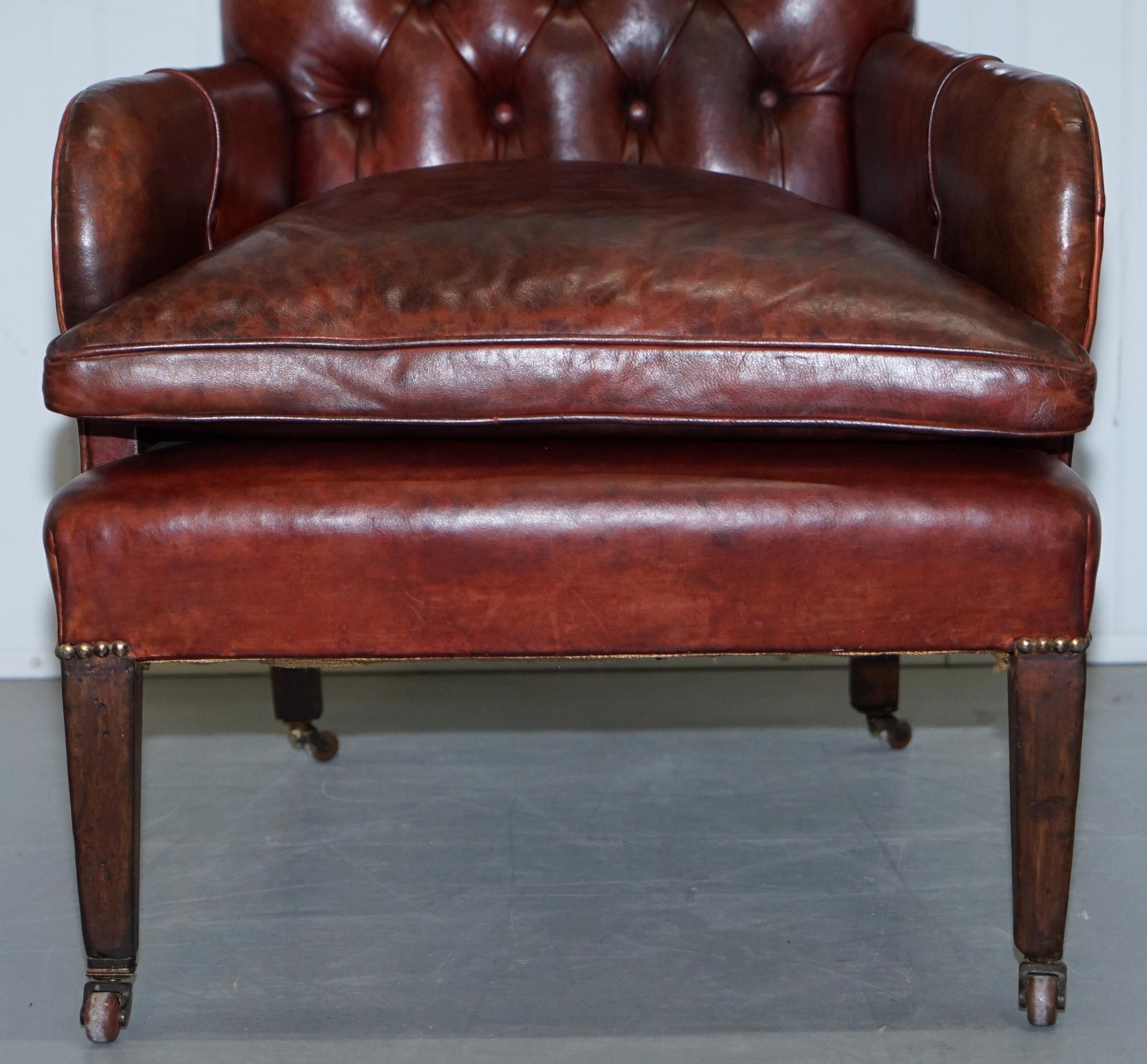 Rare Victorian Small Lounge Library Reading Chesterfield Brown Leather Armchair 2