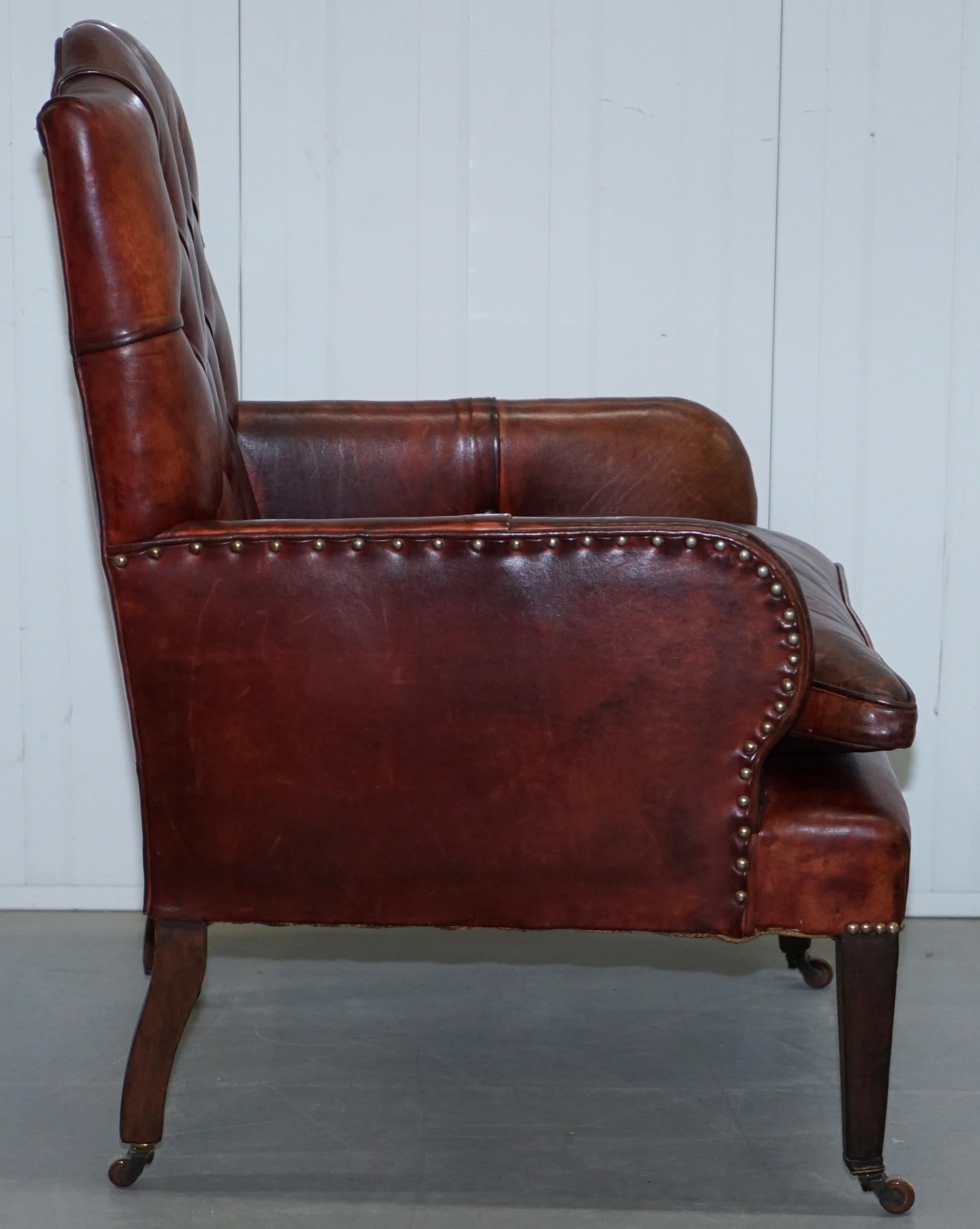 Rare Victorian Small Lounge Library Reading Chesterfield Brown Leather Armchair 4