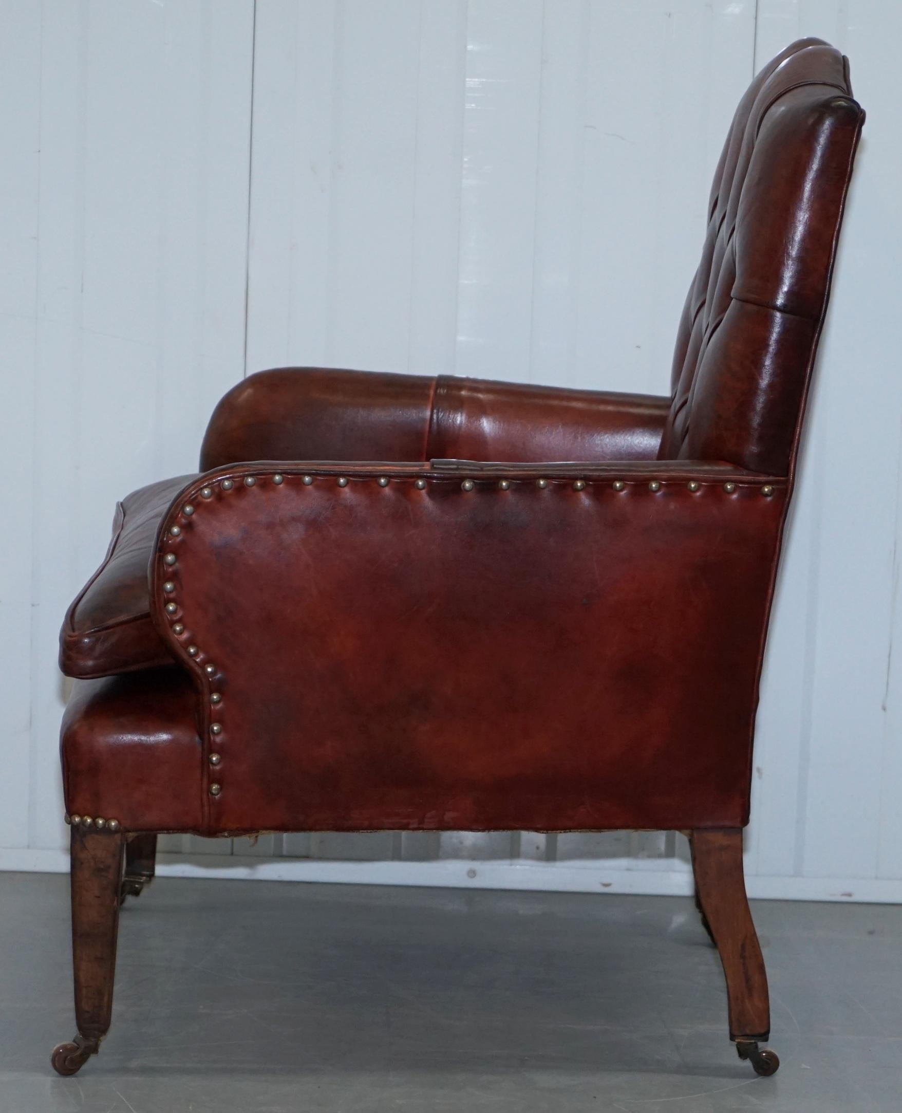 Rare Victorian Small Lounge Library Reading Chesterfield Brown Leather Armchair 8