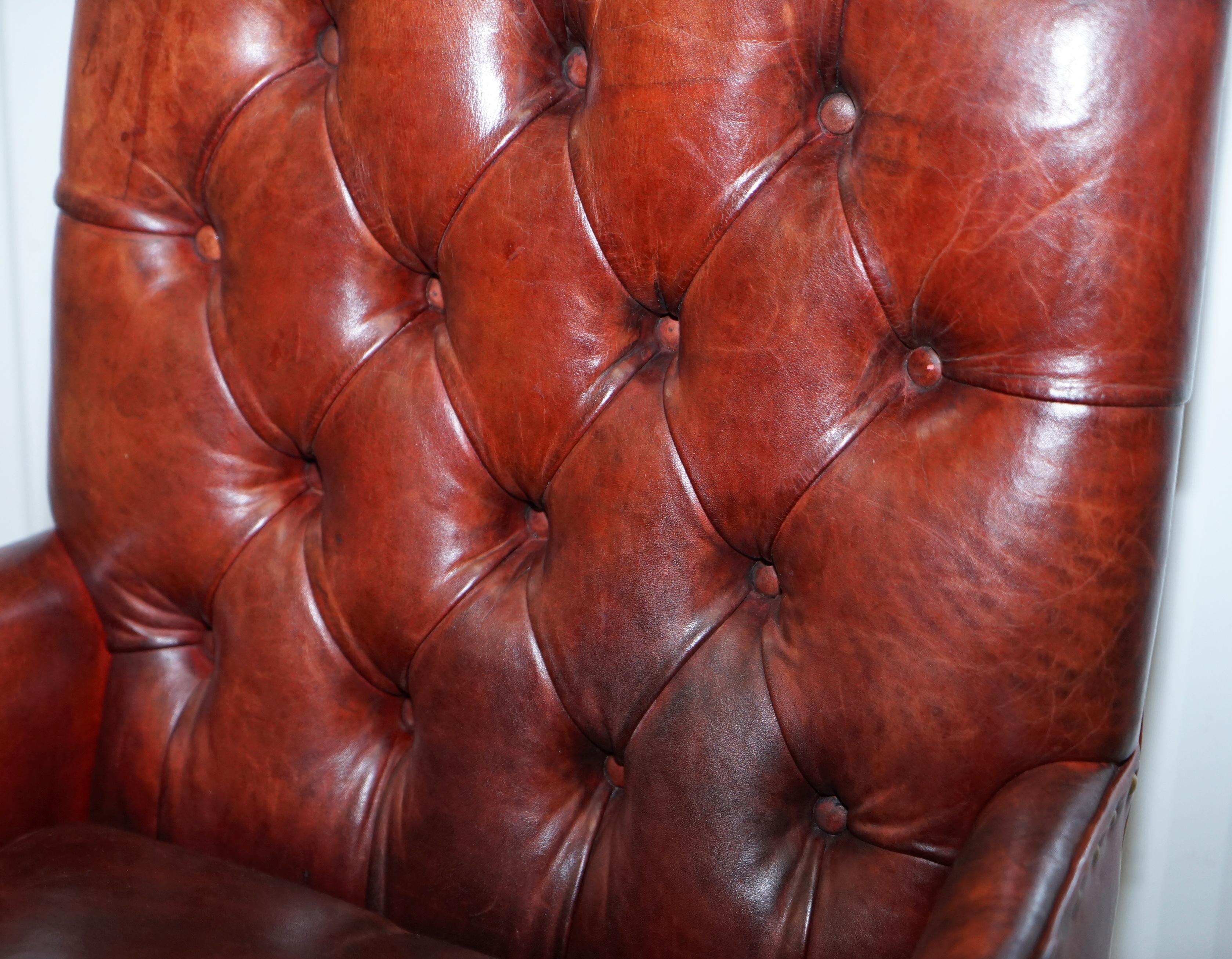 English Rare Victorian Small Lounge Library Reading Chesterfield Brown Leather Armchair