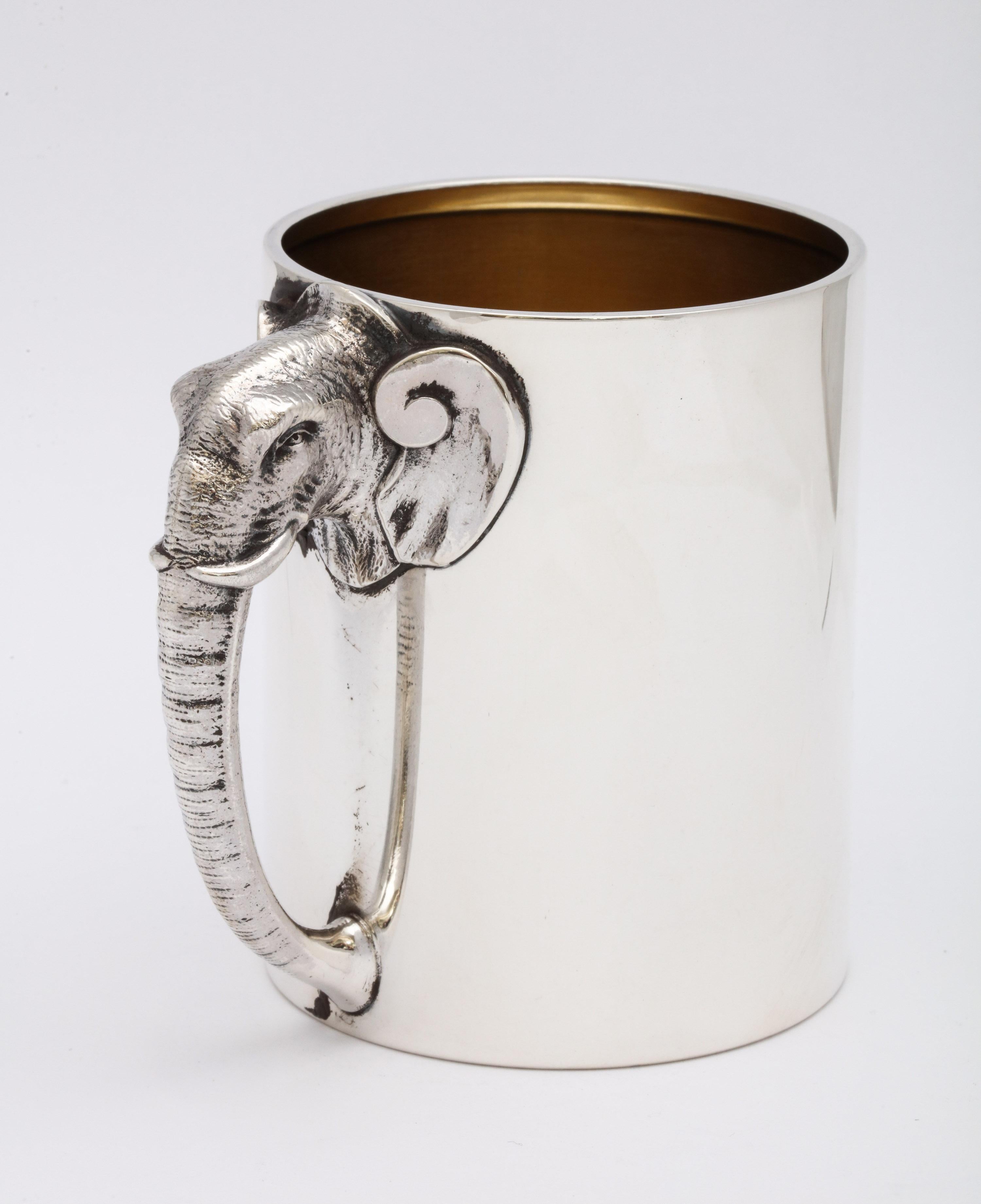 Gilt Rare Victorian Sterling Silver Mug/Cup with Elephant-Form Handle by Gorham