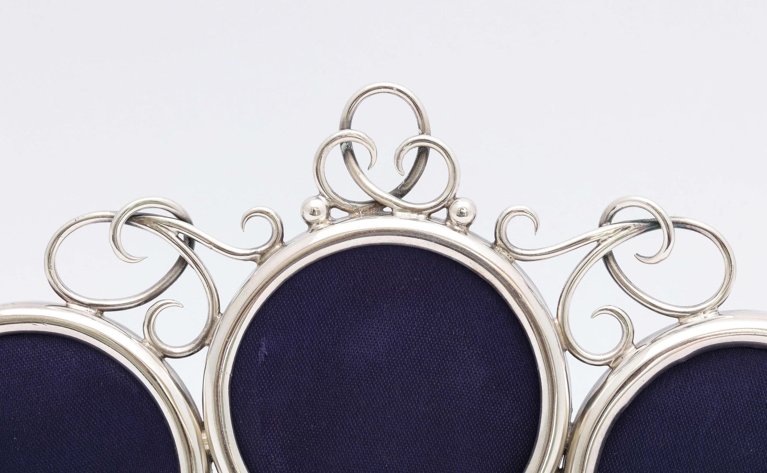 Late 19th Century Rare Victorian Sterling Silver Scrolled Wire Triple Picture Frame For Sale
