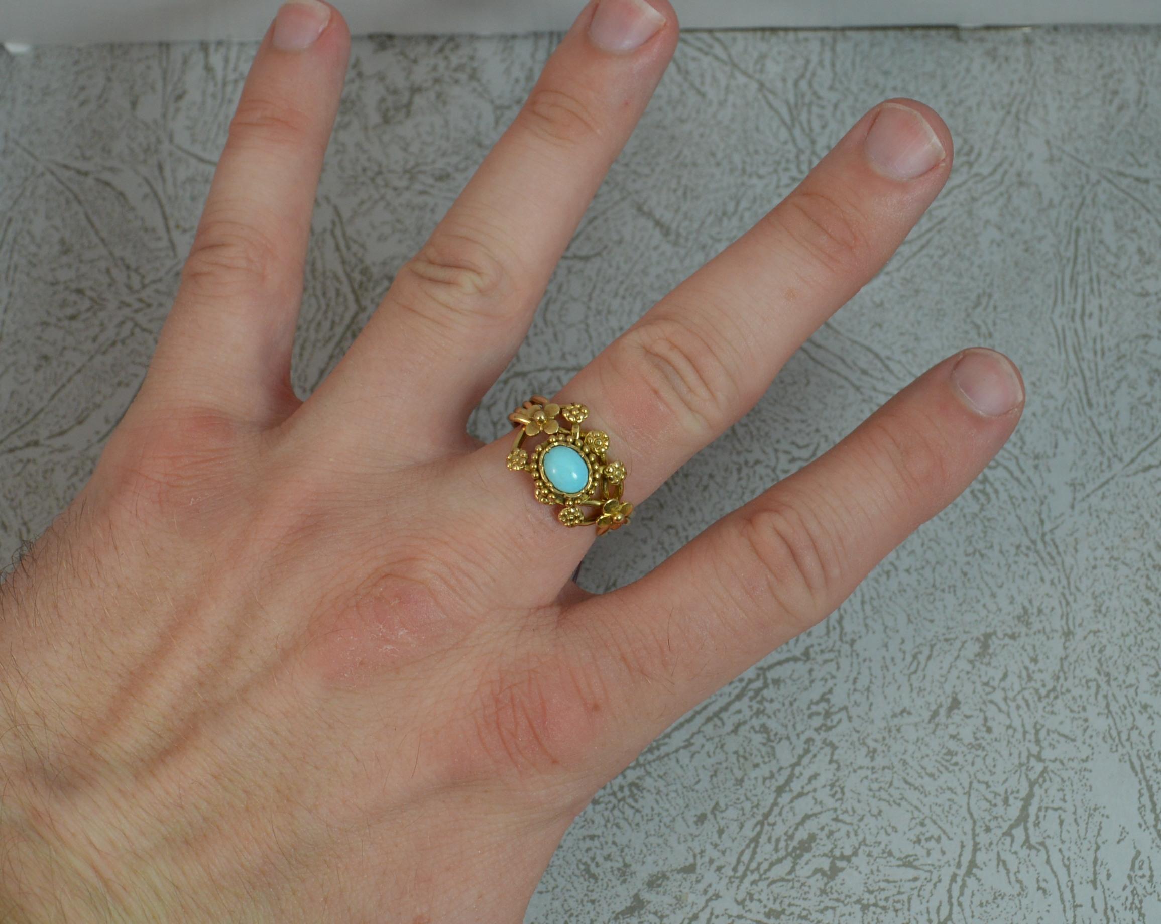 A superb true Victorian period four banded puzzle ring.
Solid 18 carat yellow gold example.
Designed with an oval turquoise to centre with floral gold flower heads surrounding.
Up to 13mm wide band to front.

CONDITION ; Very good for age. Clean and