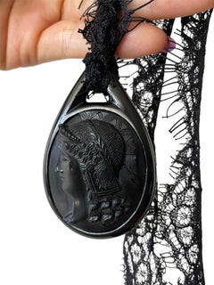 Rare Victorian Vulcanite Athena Tear Drop Cameo Pendan