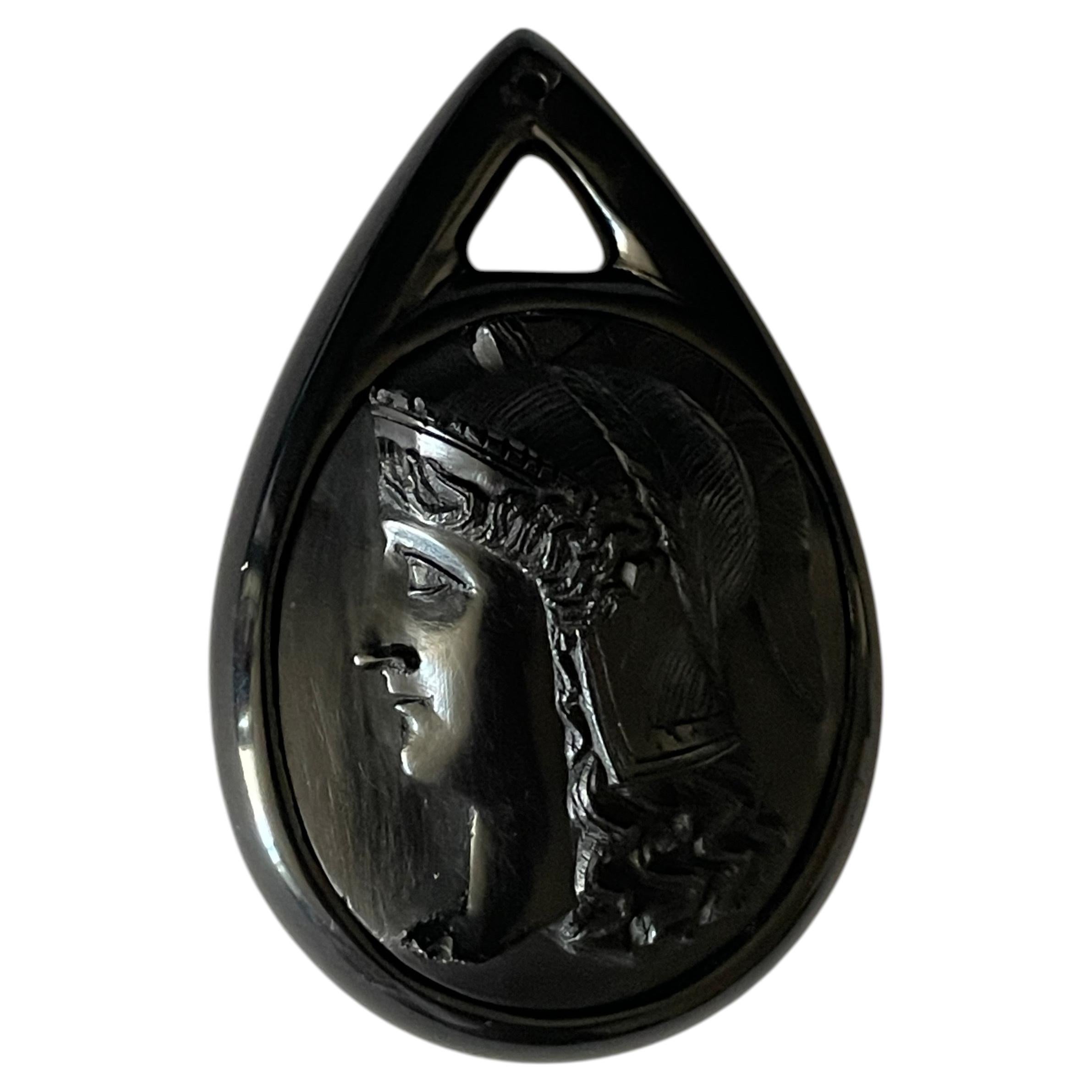 Rare Victorian Vulcanite Athena Tear Drop Cameo Pendant