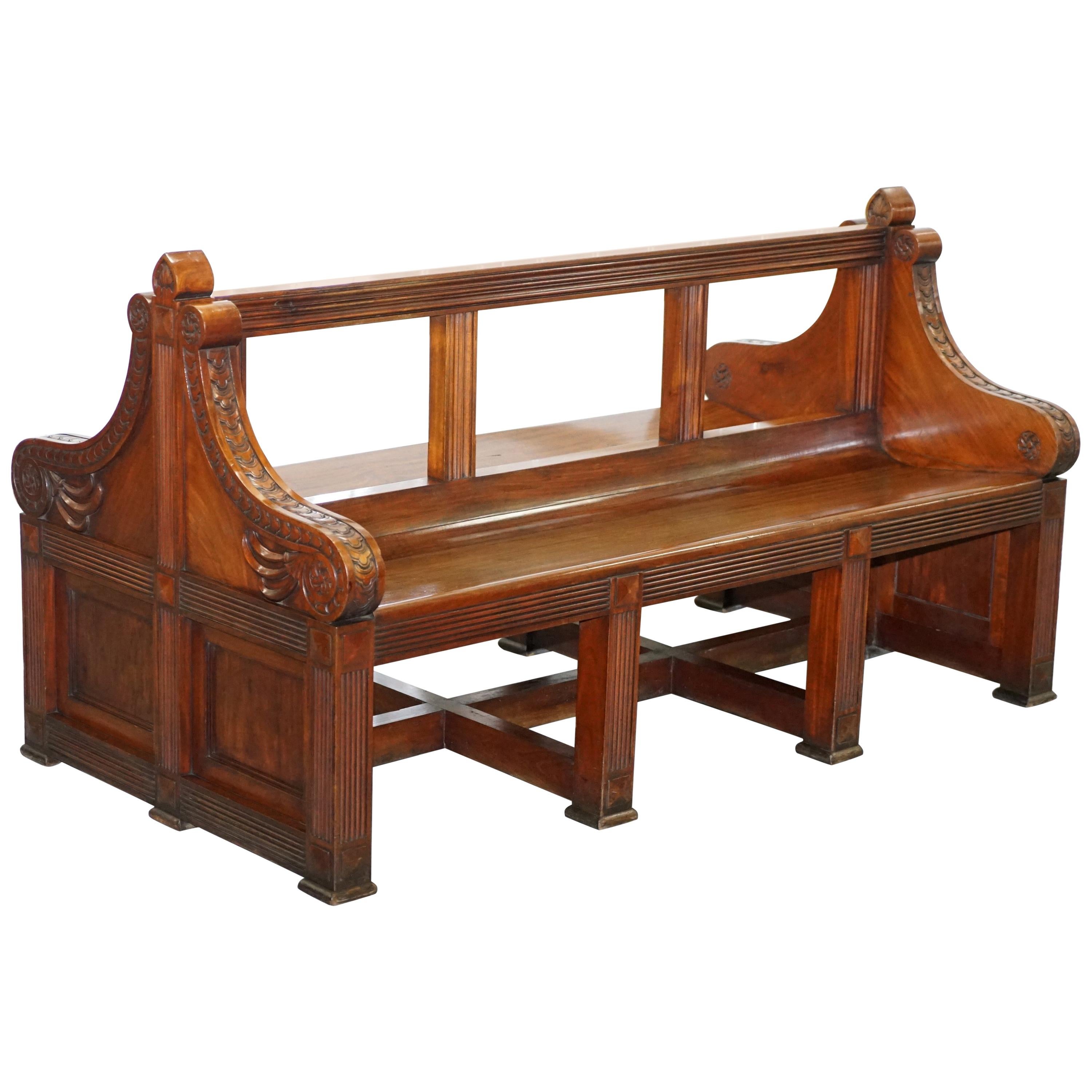 Rare Victorian Walnut Double Sided Museum Gallery Pew Bench Pugin Gothic Steeple For Sale