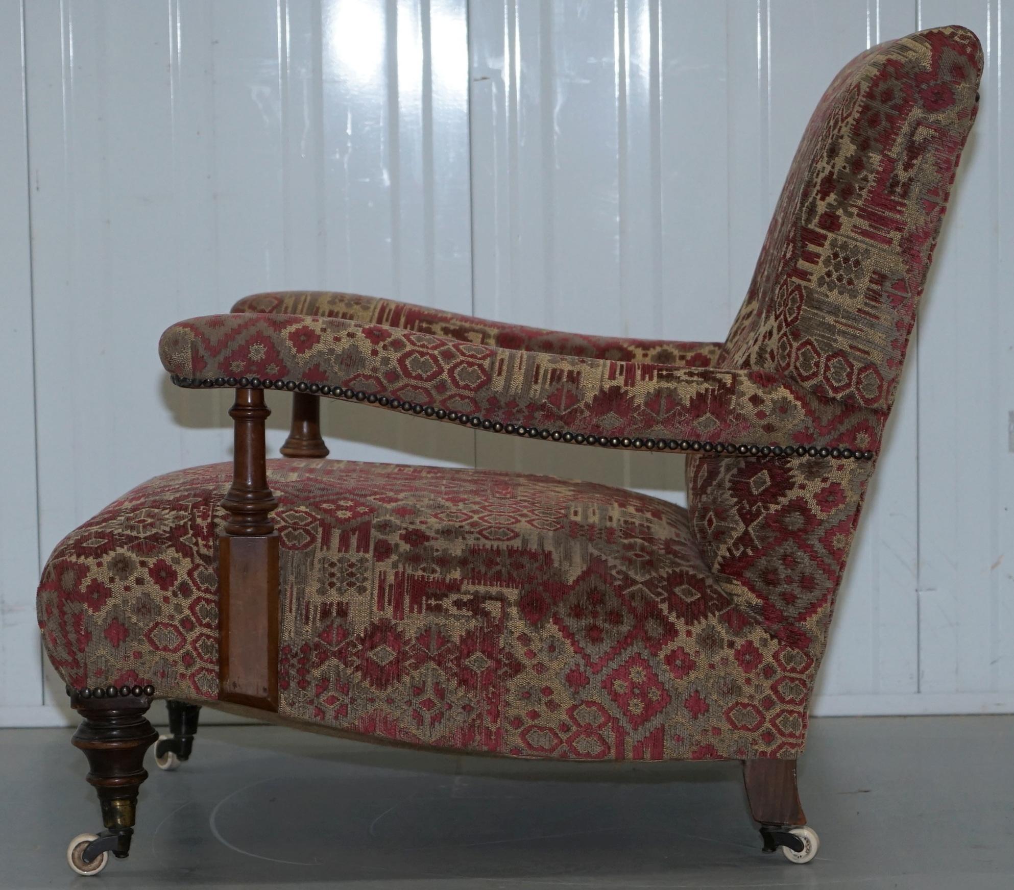 Rare Victorian Walnut Framed Kilim Upholstered Howard Library Reading Armchair 6