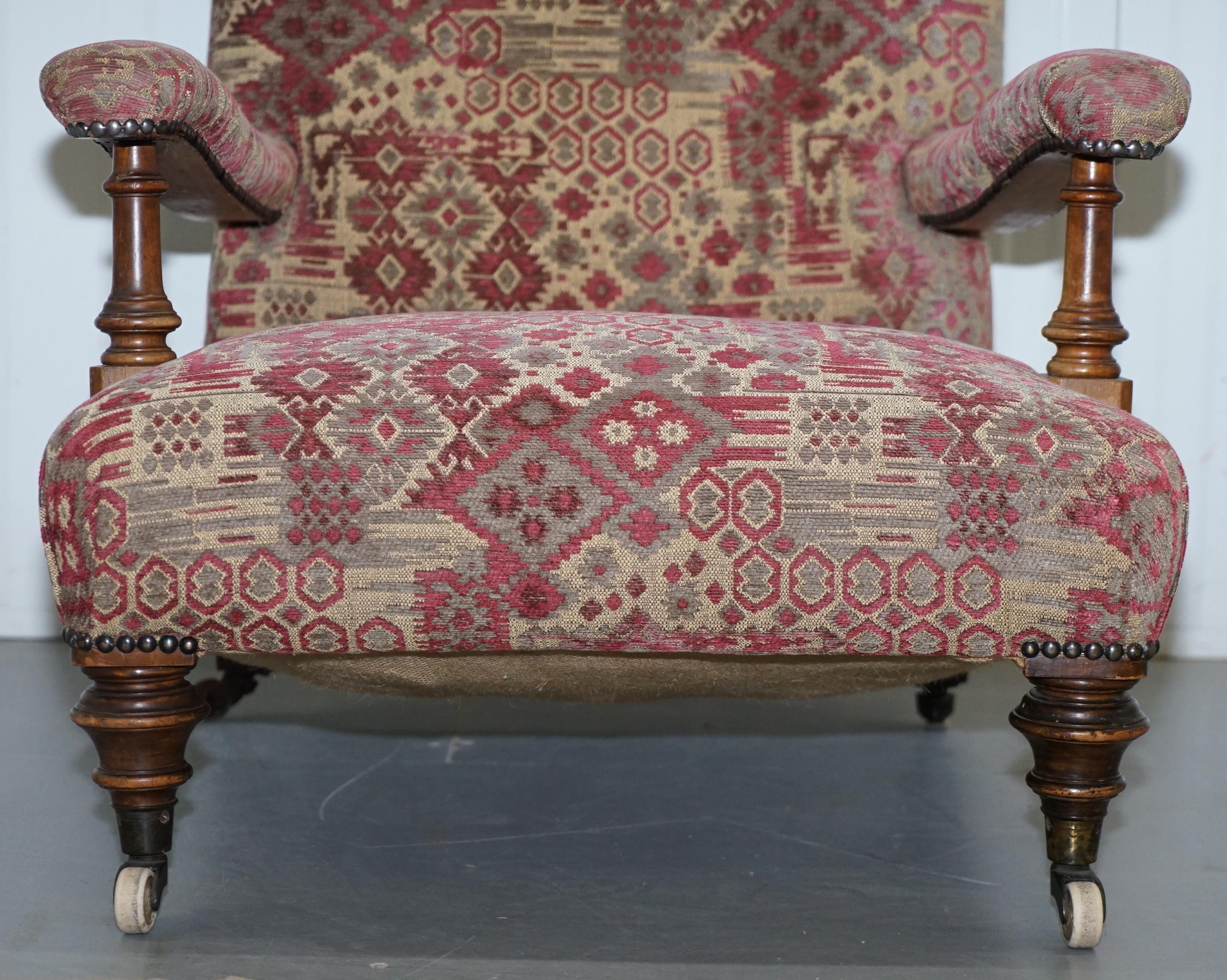 Upholstery Rare Victorian Walnut Framed Kilim Upholstered Howard Library Reading Armchair