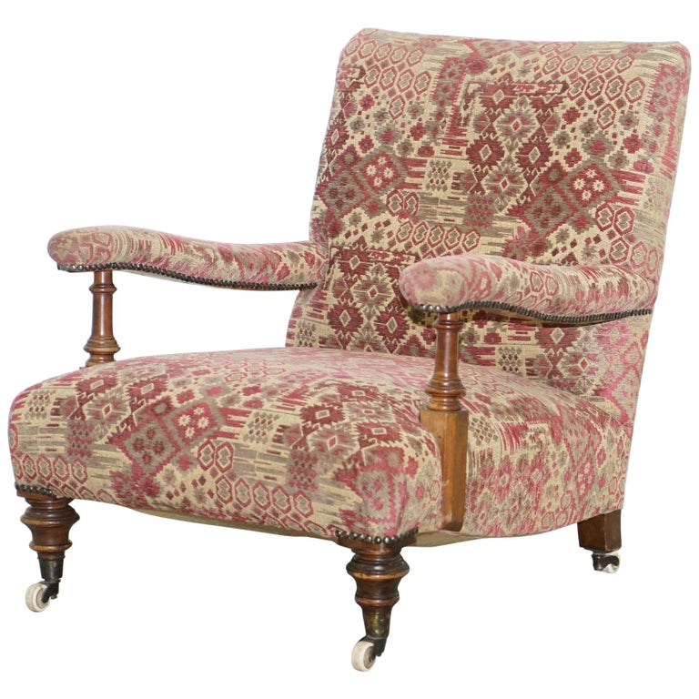 Rare Victorian Walnut Framed Kilim Upholstered Howard Library Reading